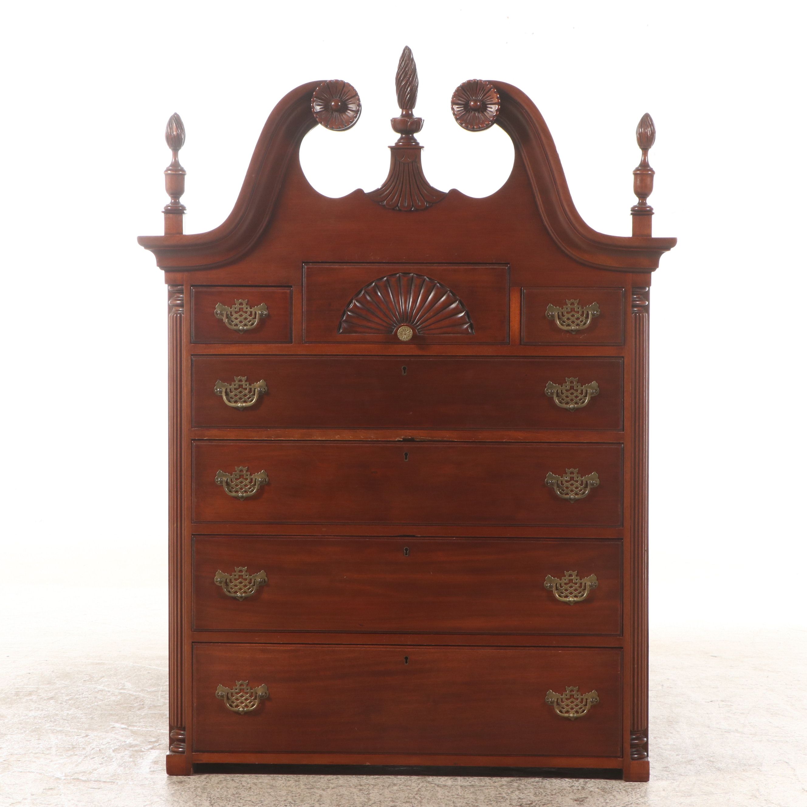 Queen Anne Style Carved Mahogany Broken Bonnet and Finial Highboy