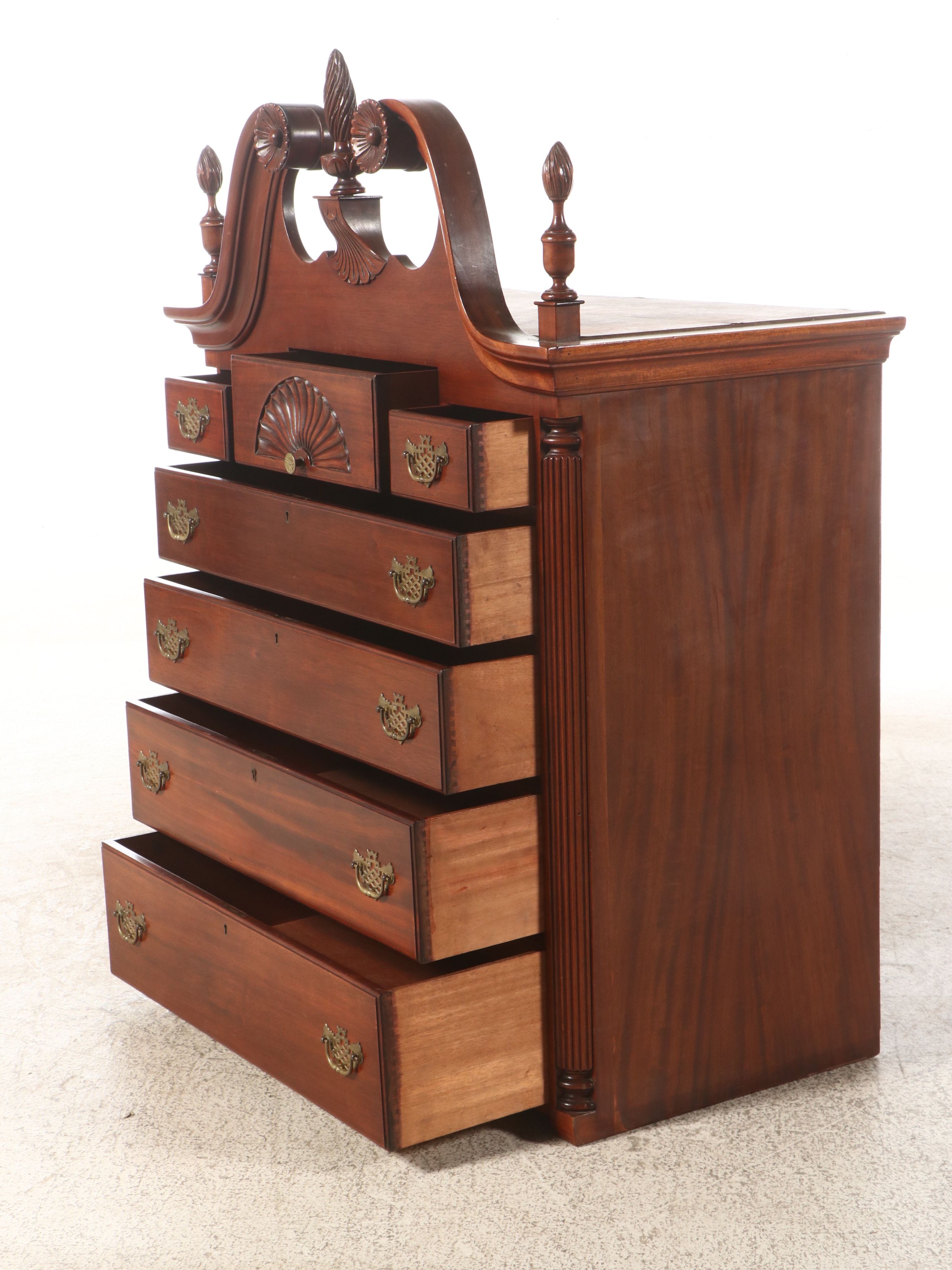 Queen Anne Style Carved Mahogany Broken Bonnet and Finial Highboy