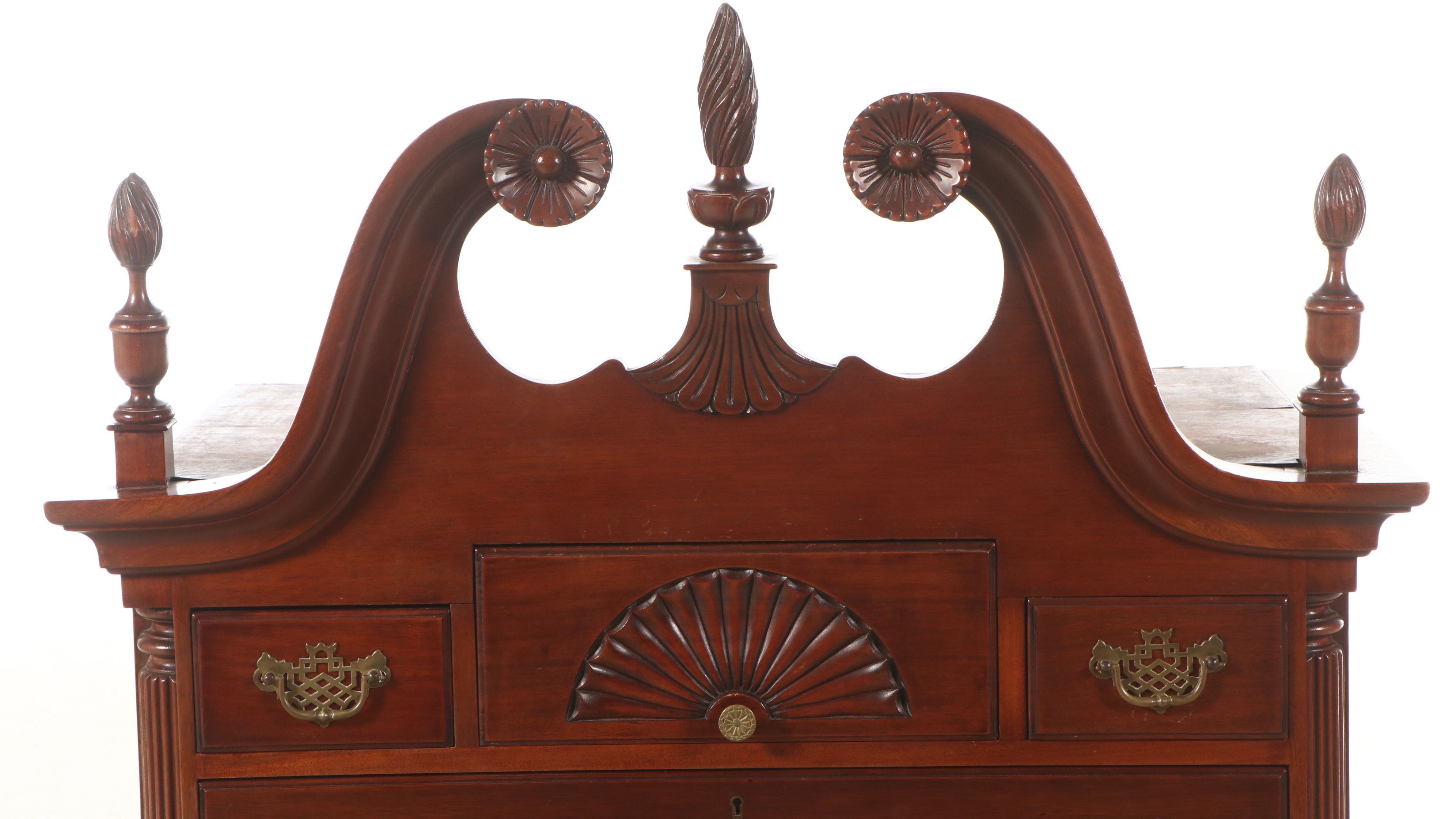 Queen Anne Style Carved Mahogany Broken Bonnet and Finial Highboy