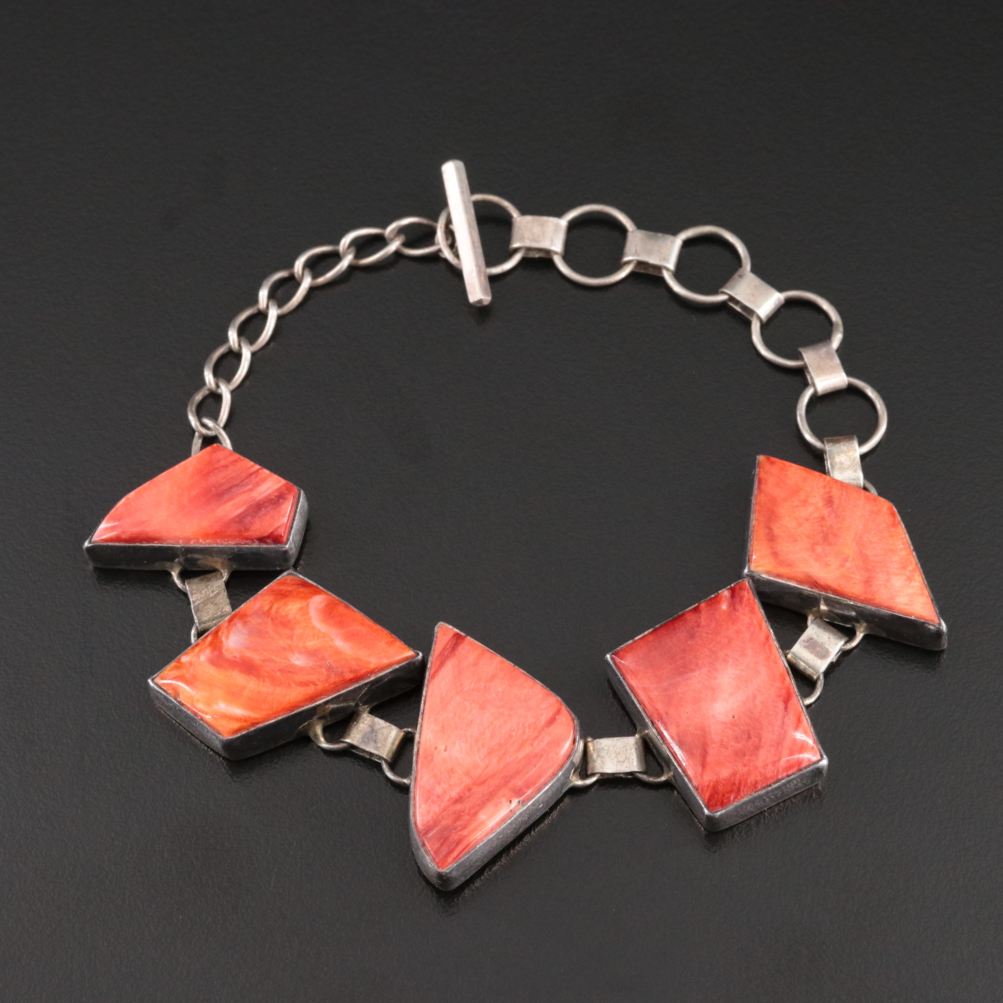 Southwestern Sterling Spiny Oyster Panel Link Bracelet