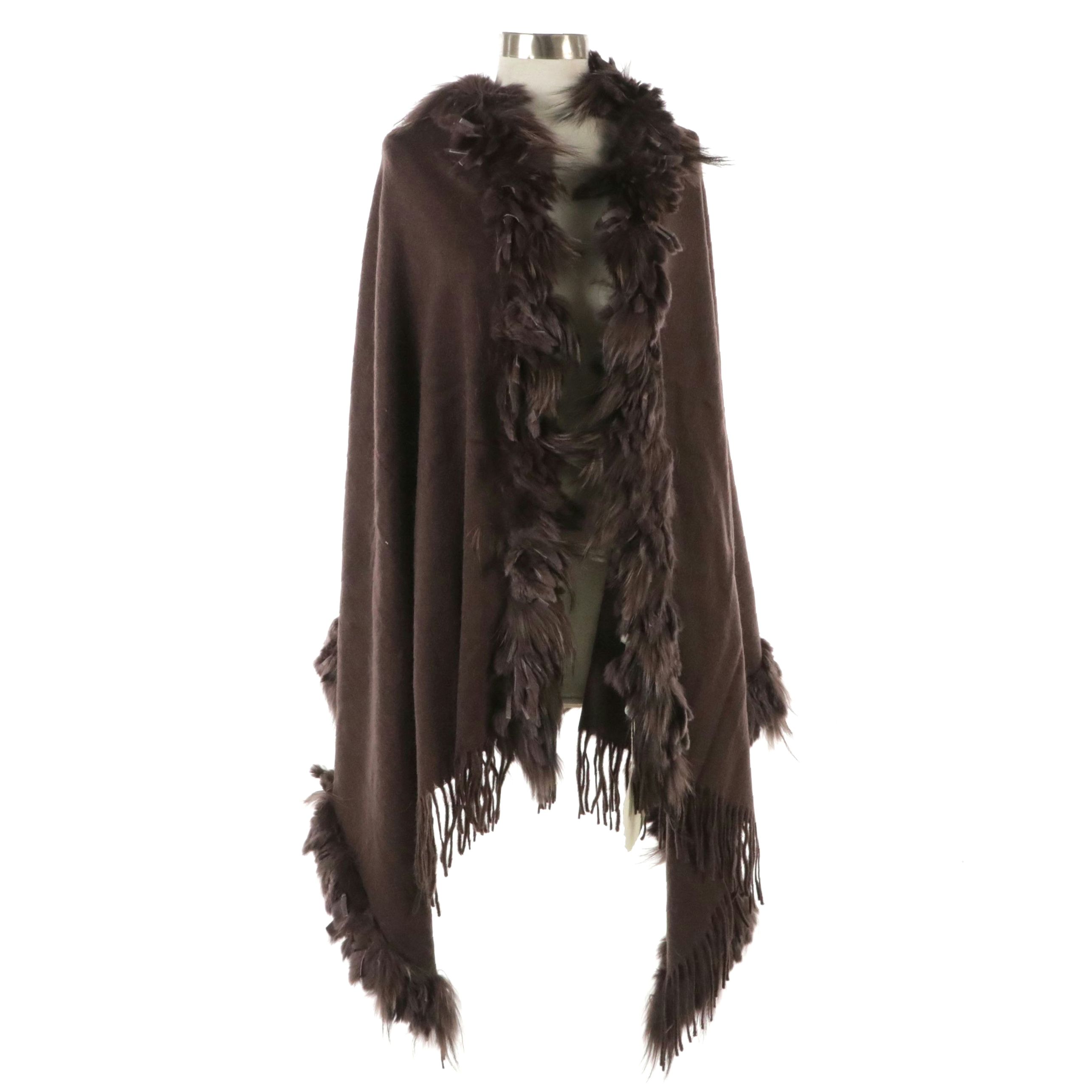 Cochni Brown Wool, Cashmere and Rabbit Fur Fringe Scarf Shawl, With Tag