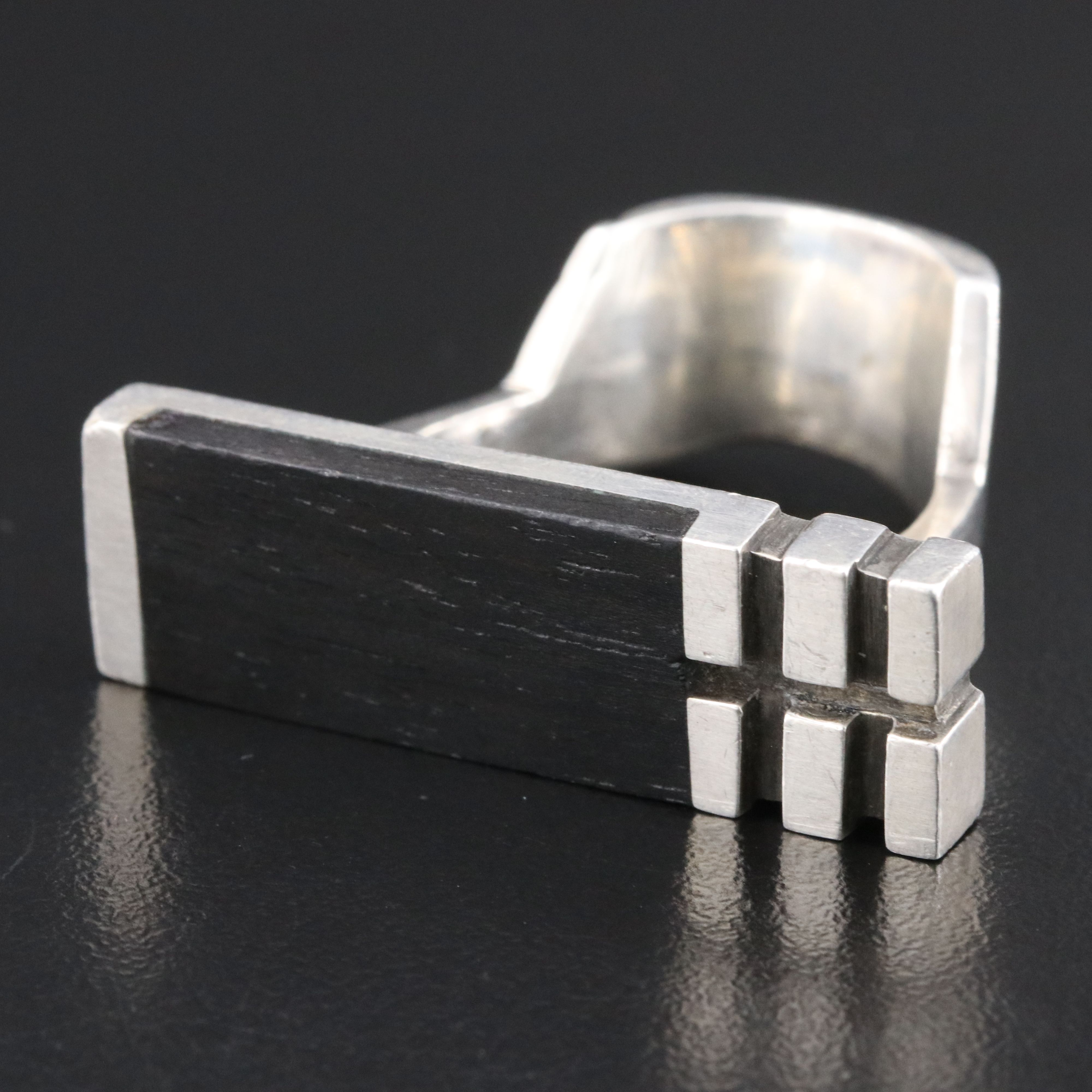 Signed Sterling and Wood Inlay Bar Ring