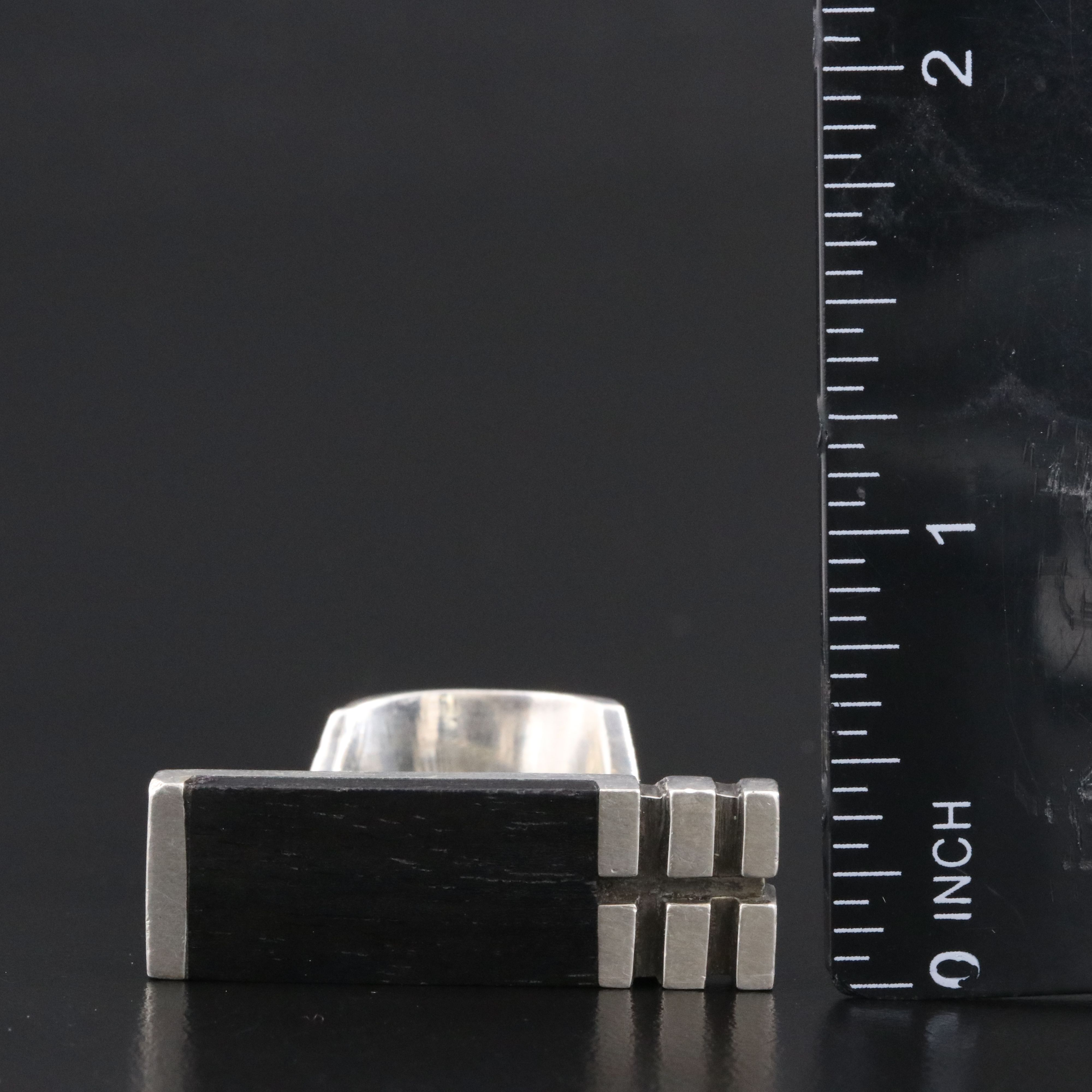 Signed Sterling and Wood Inlay Bar Ring