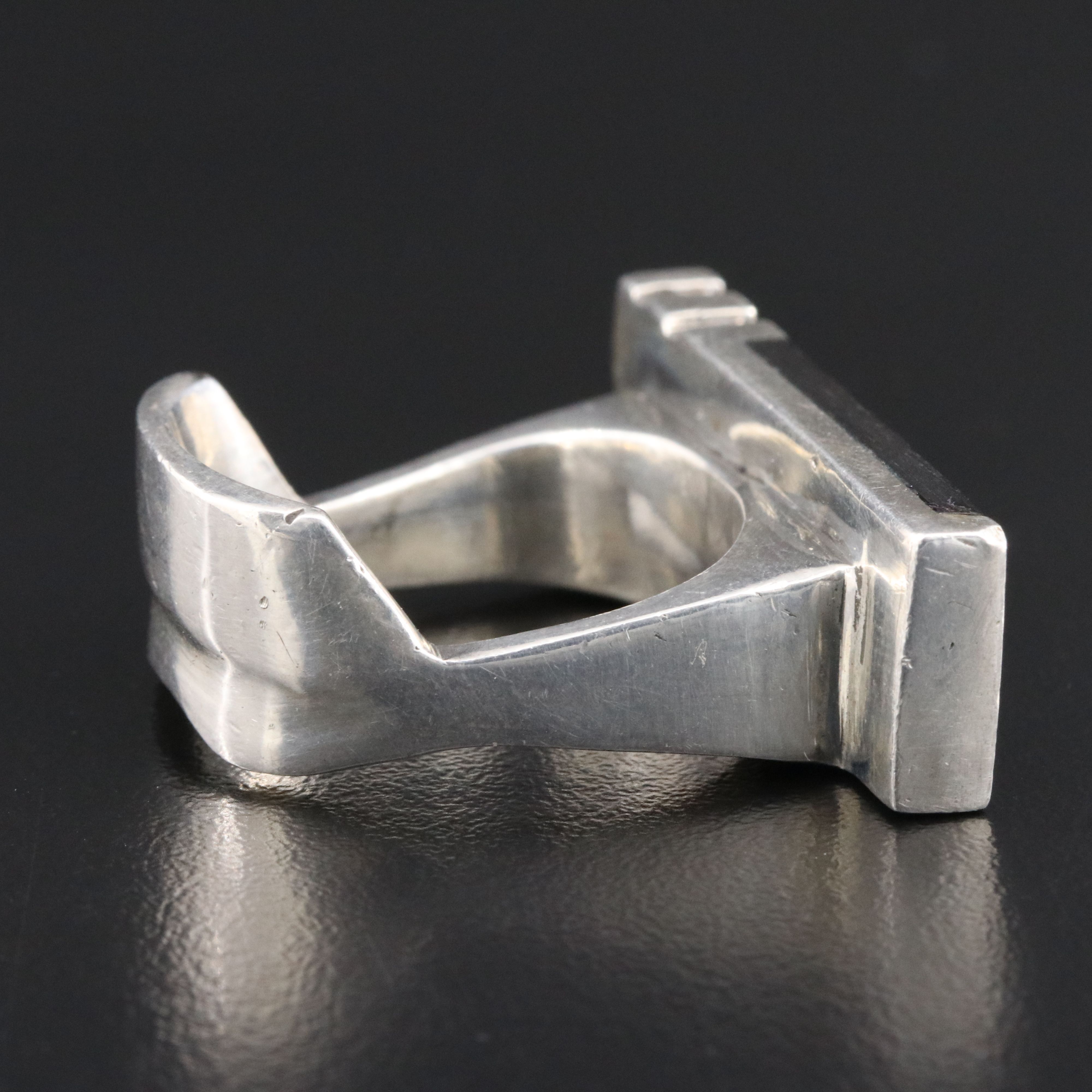 Signed Sterling and Wood Inlay Bar Ring