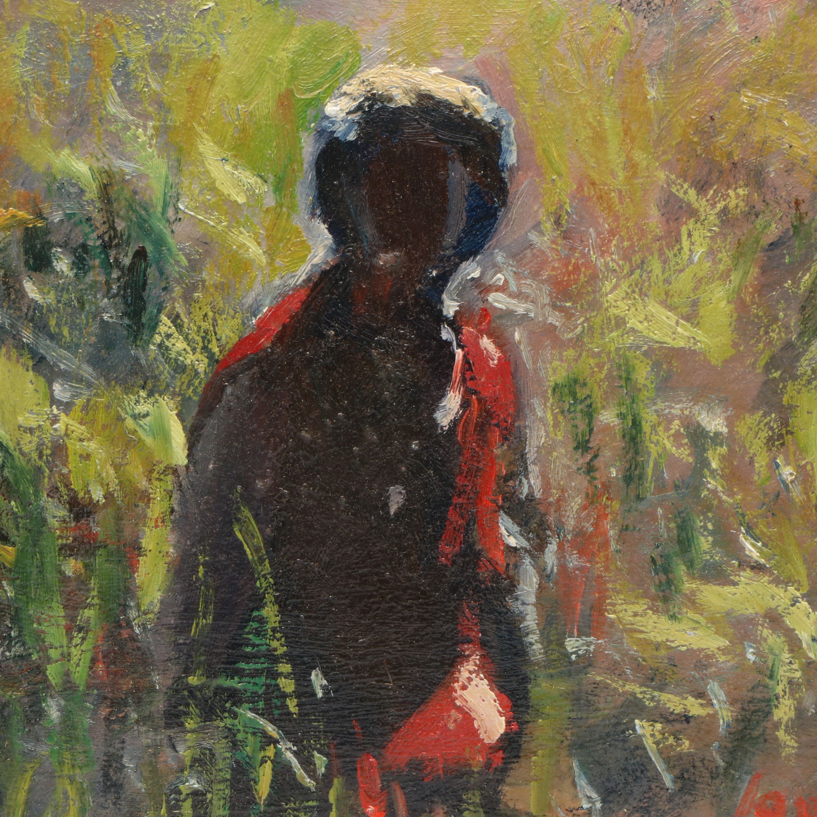 Bernard Lennon Impressionist Garden Landscape Oil Painting with Figure