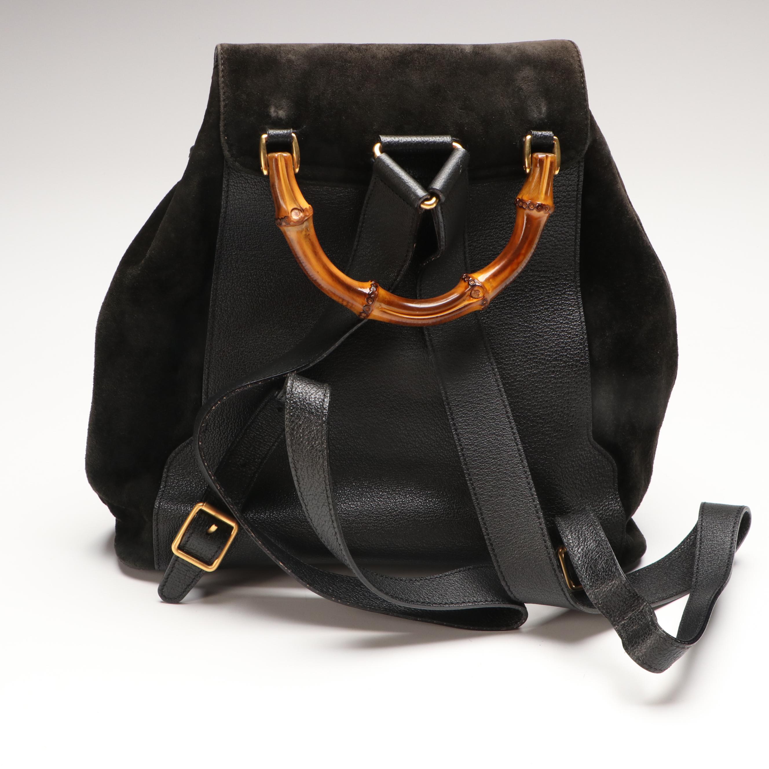 Gucci Black Suede Bamboo Handle Backpack with Grained Leather Trim
