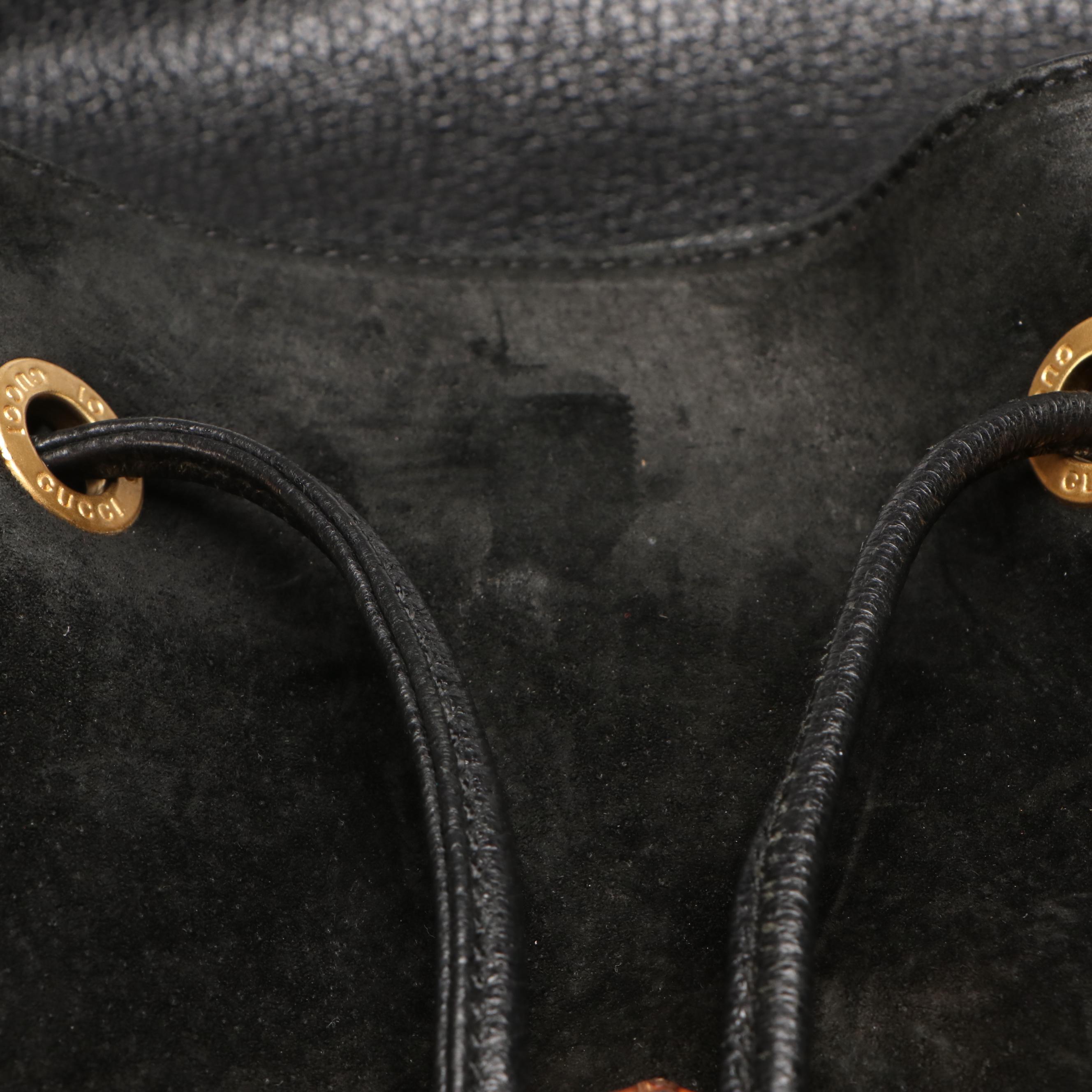 Gucci Black Suede Bamboo Handle Backpack with Grained Leather Trim