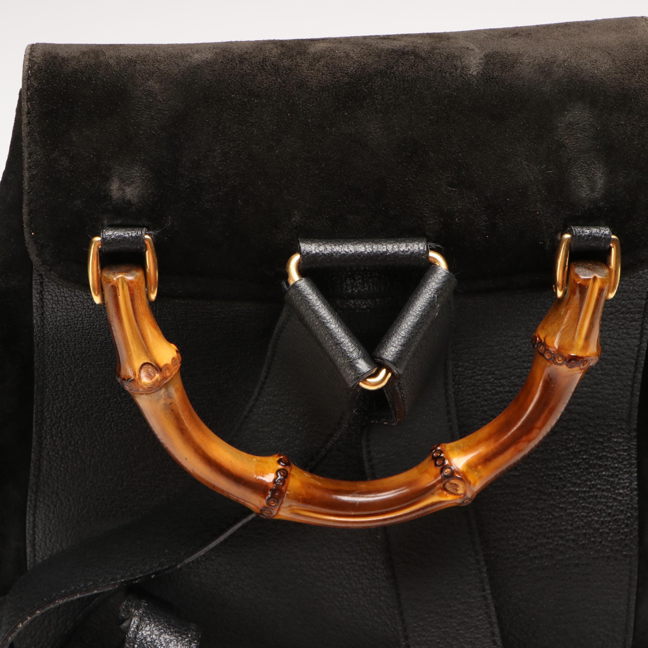Gucci Black Suede Bamboo Handle Backpack with Grained Leather Trim