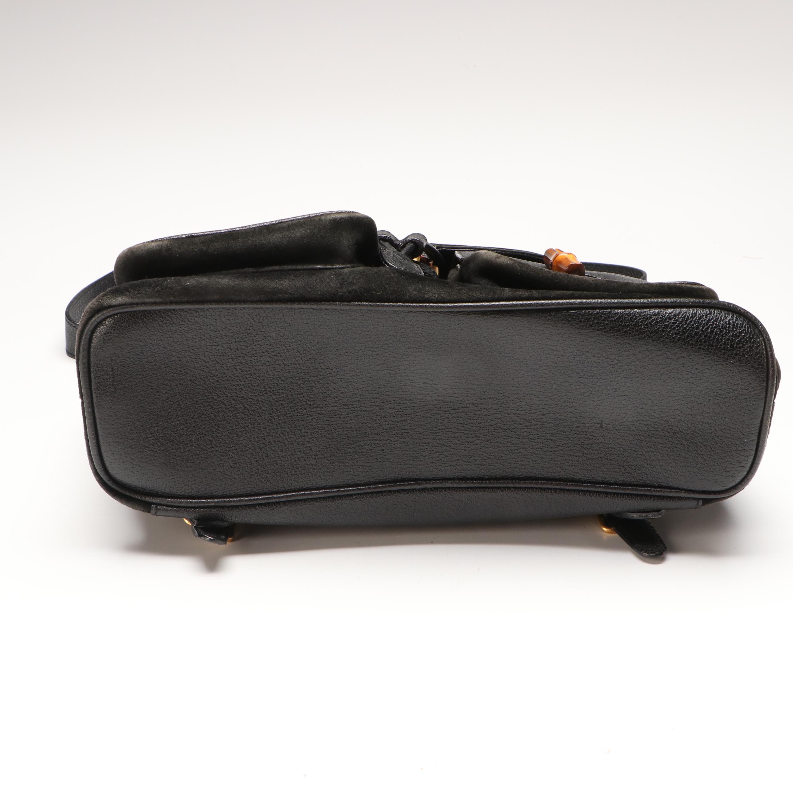 Gucci Black Suede Bamboo Handle Backpack with Grained Leather Trim