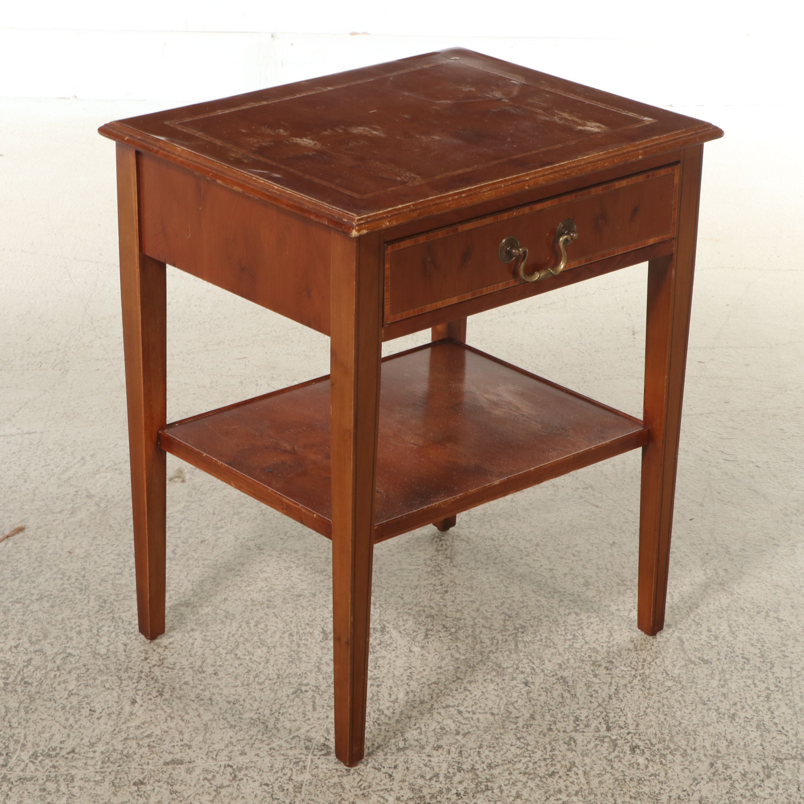 Mid-Century Burl Wood Two-Tier Side Table with String Inlay
