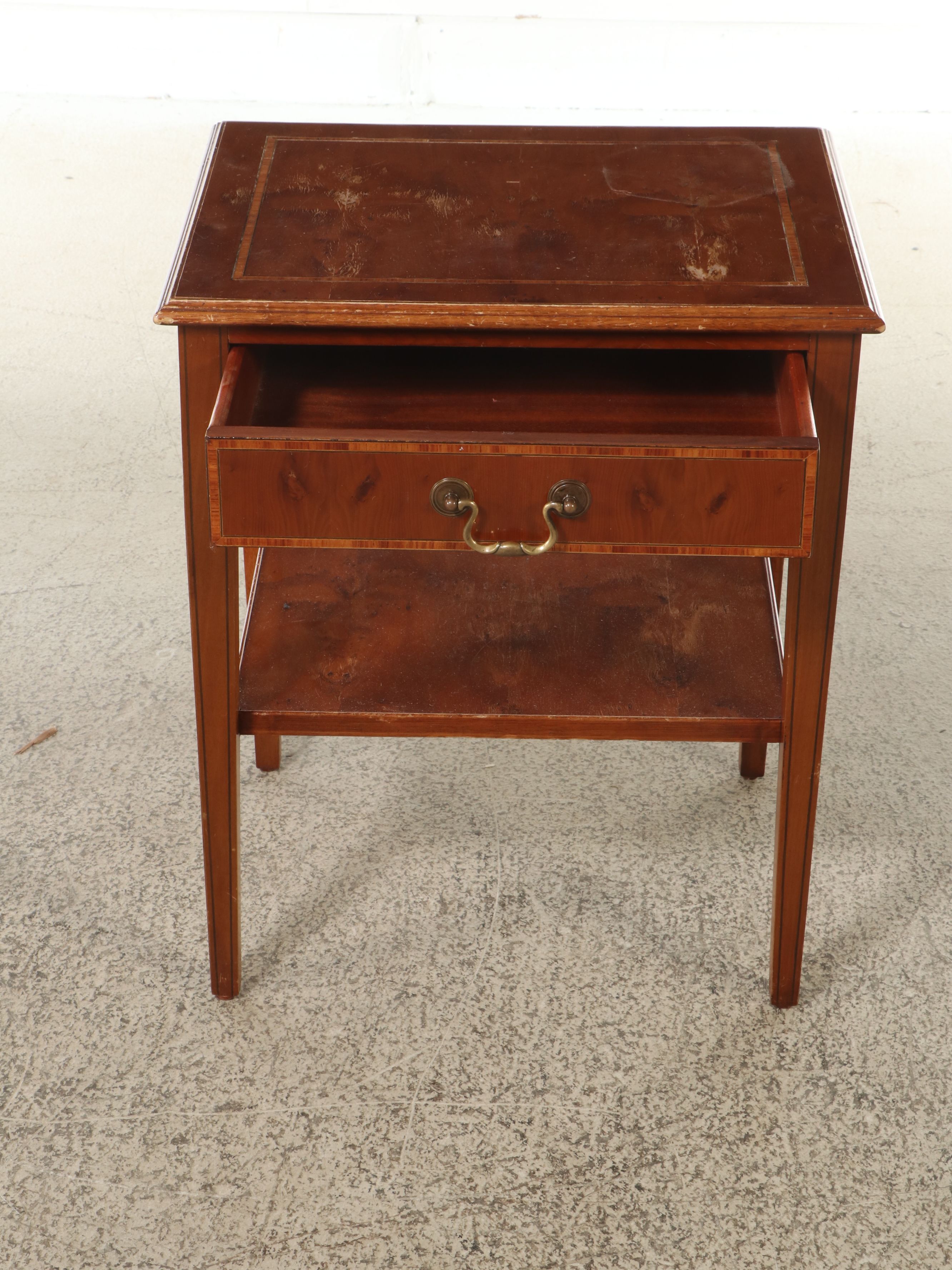 Mid-Century Burl Wood Two-Tier Side Table with String Inlay
