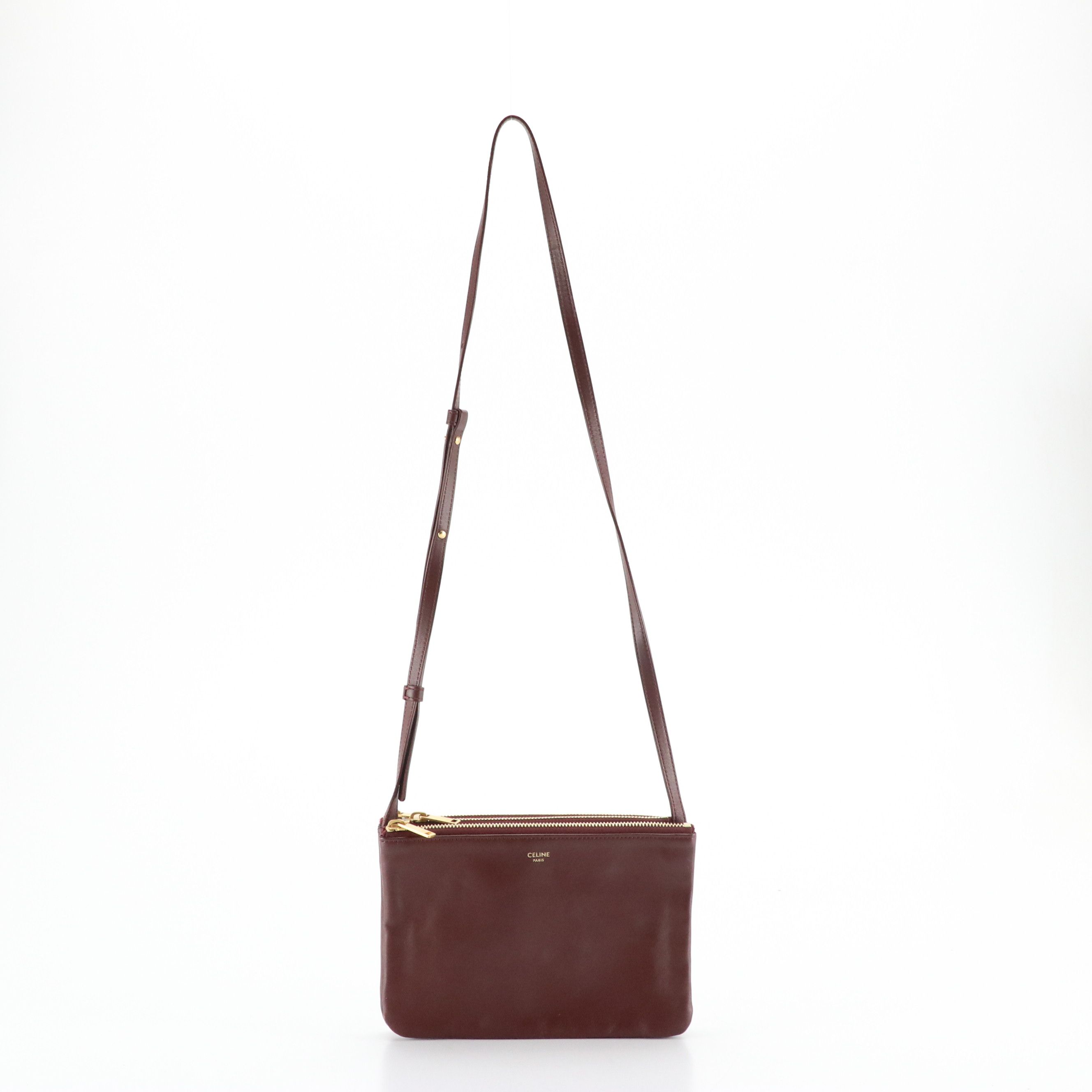 Céline Trio Zip Crossbody Bag in Burgundy Lambskin Leather