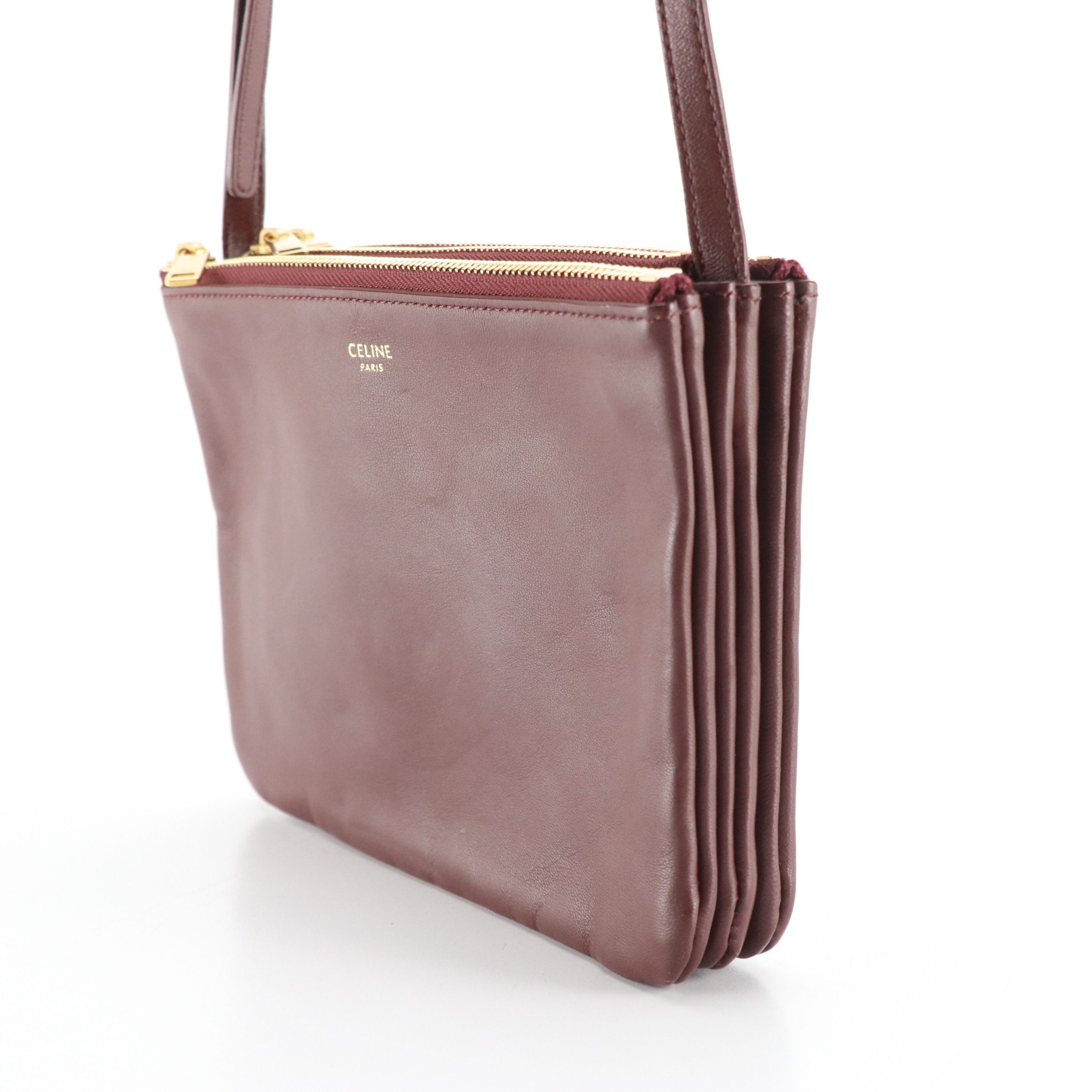 Céline Trio Zip Crossbody Bag in Burgundy Lambskin Leather