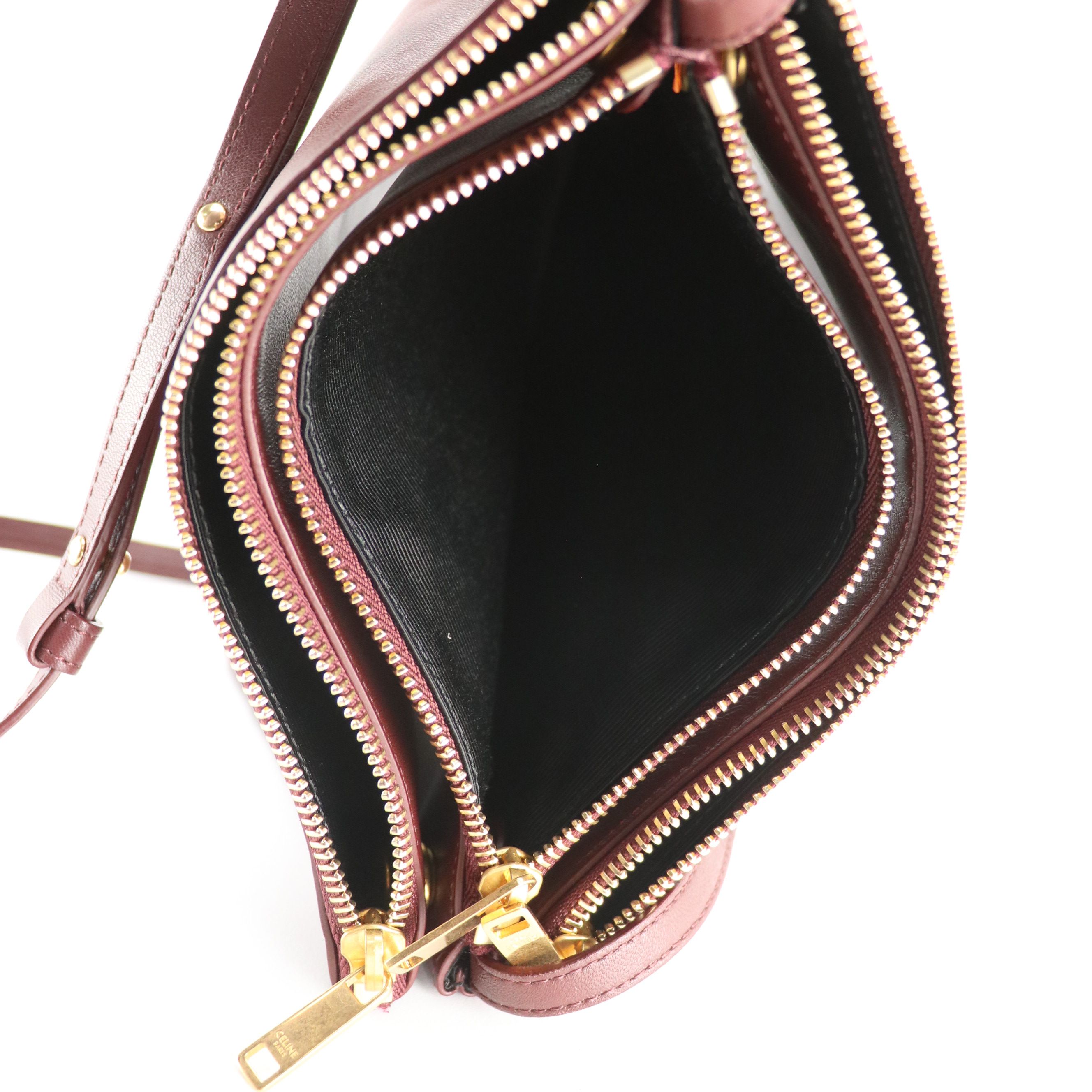 Céline Trio Zip Crossbody Bag in Burgundy Lambskin Leather