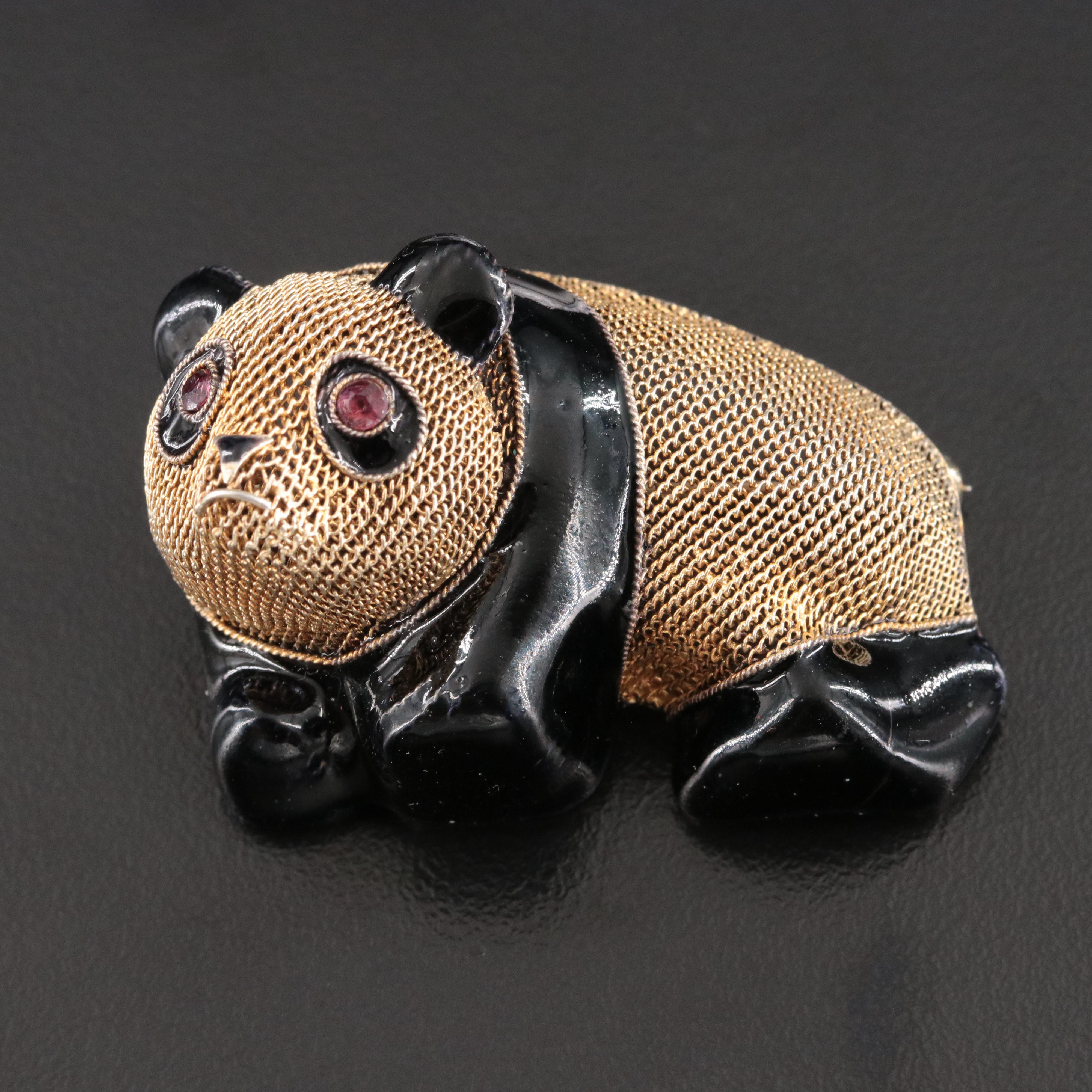 Chinese Sterling Panda Bear Converter Brooch with Spinel Eyes