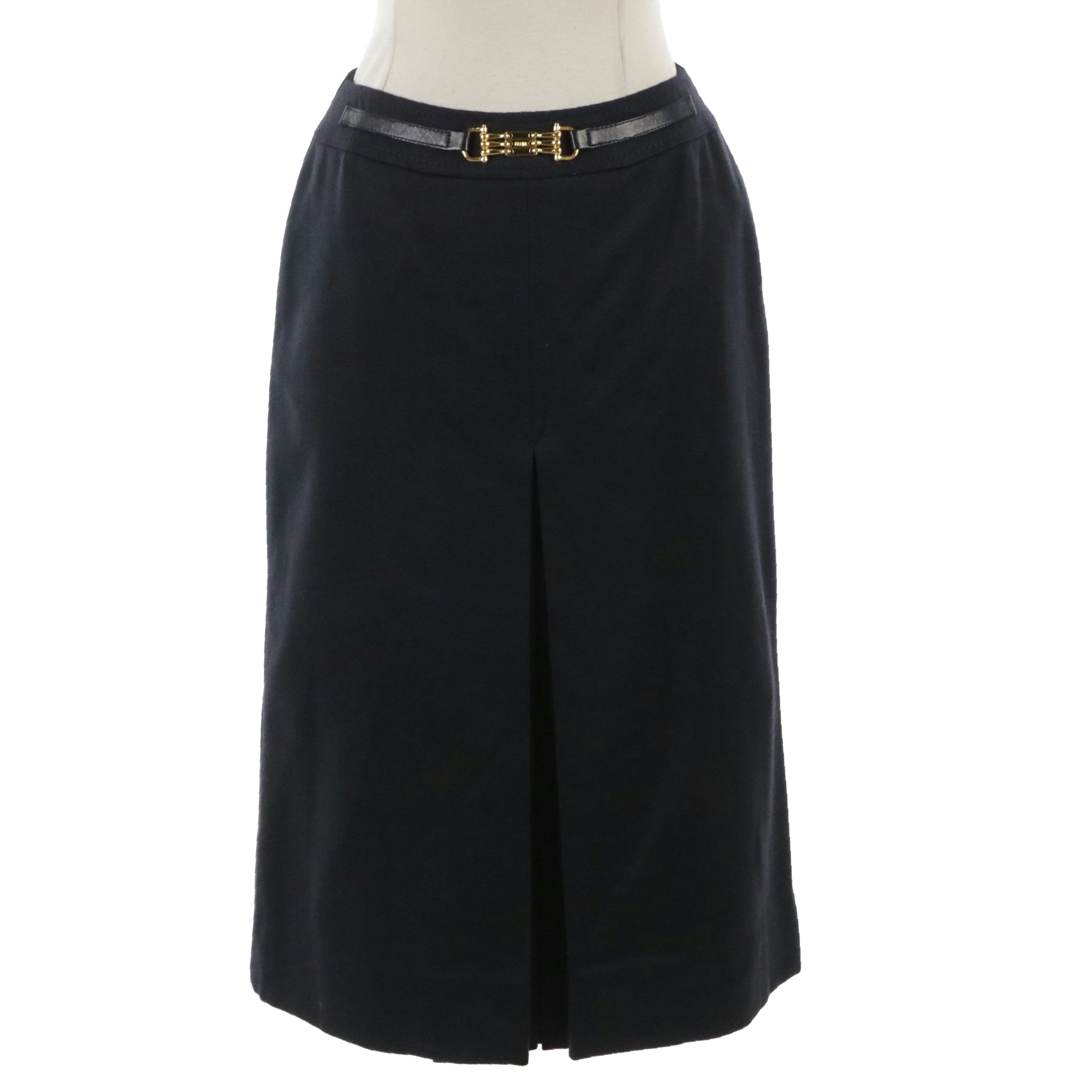 Celine Vintage Center-Pleat Skirt in Navy Wool
