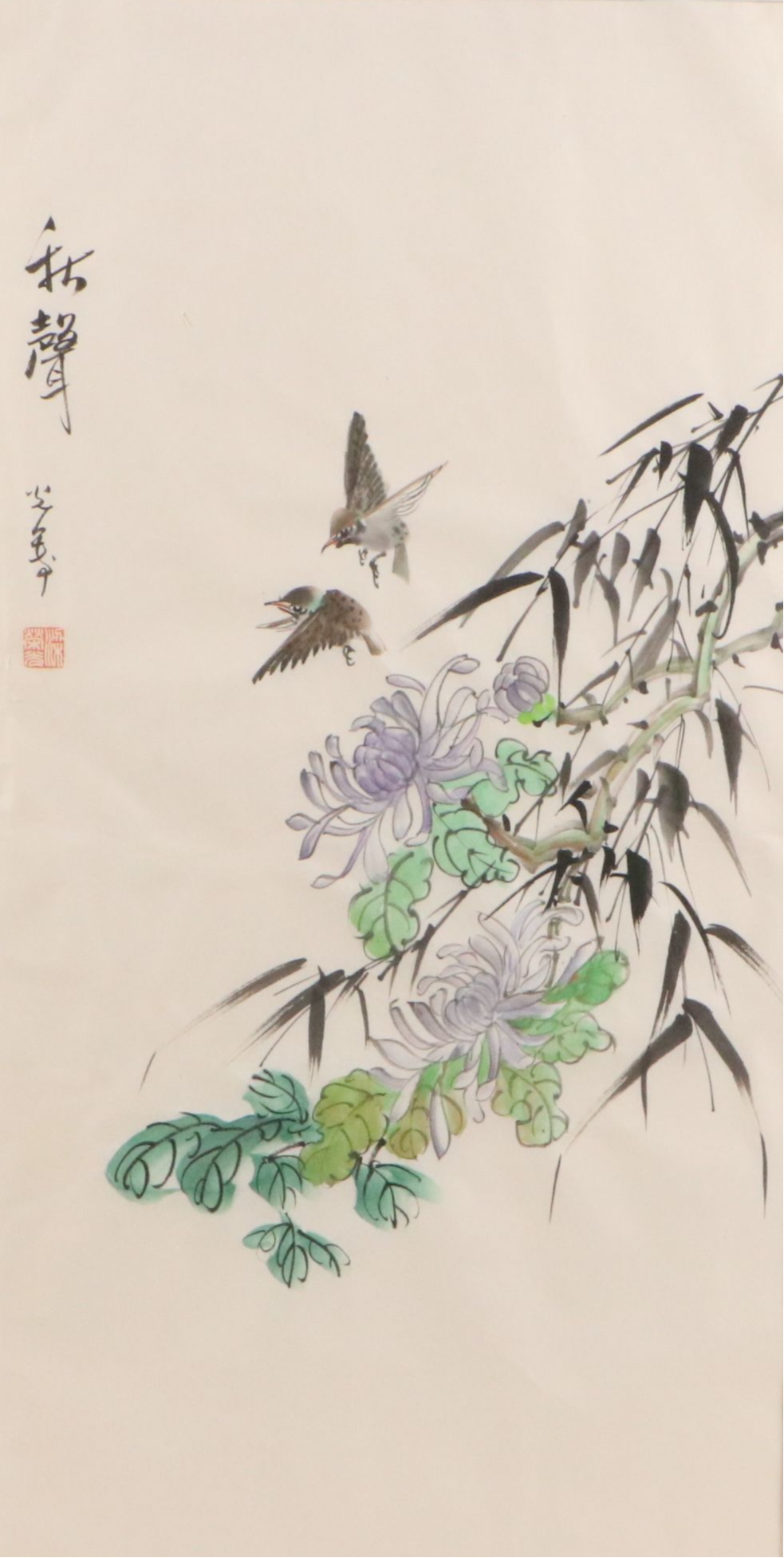 East Asian Watercolor Painting of Sparrows with Flowering Plants
