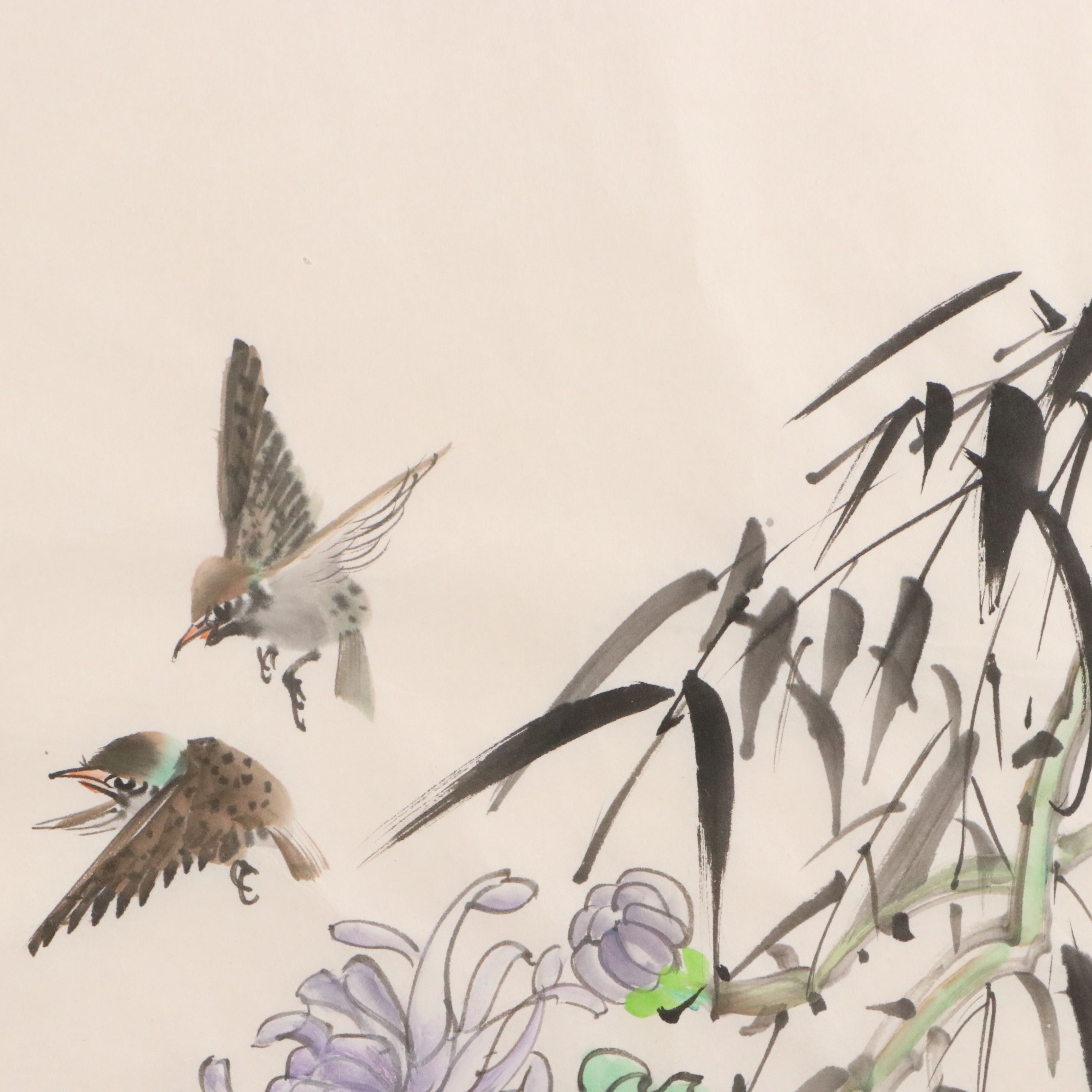 East Asian Watercolor Painting of Sparrows with Flowering Plants