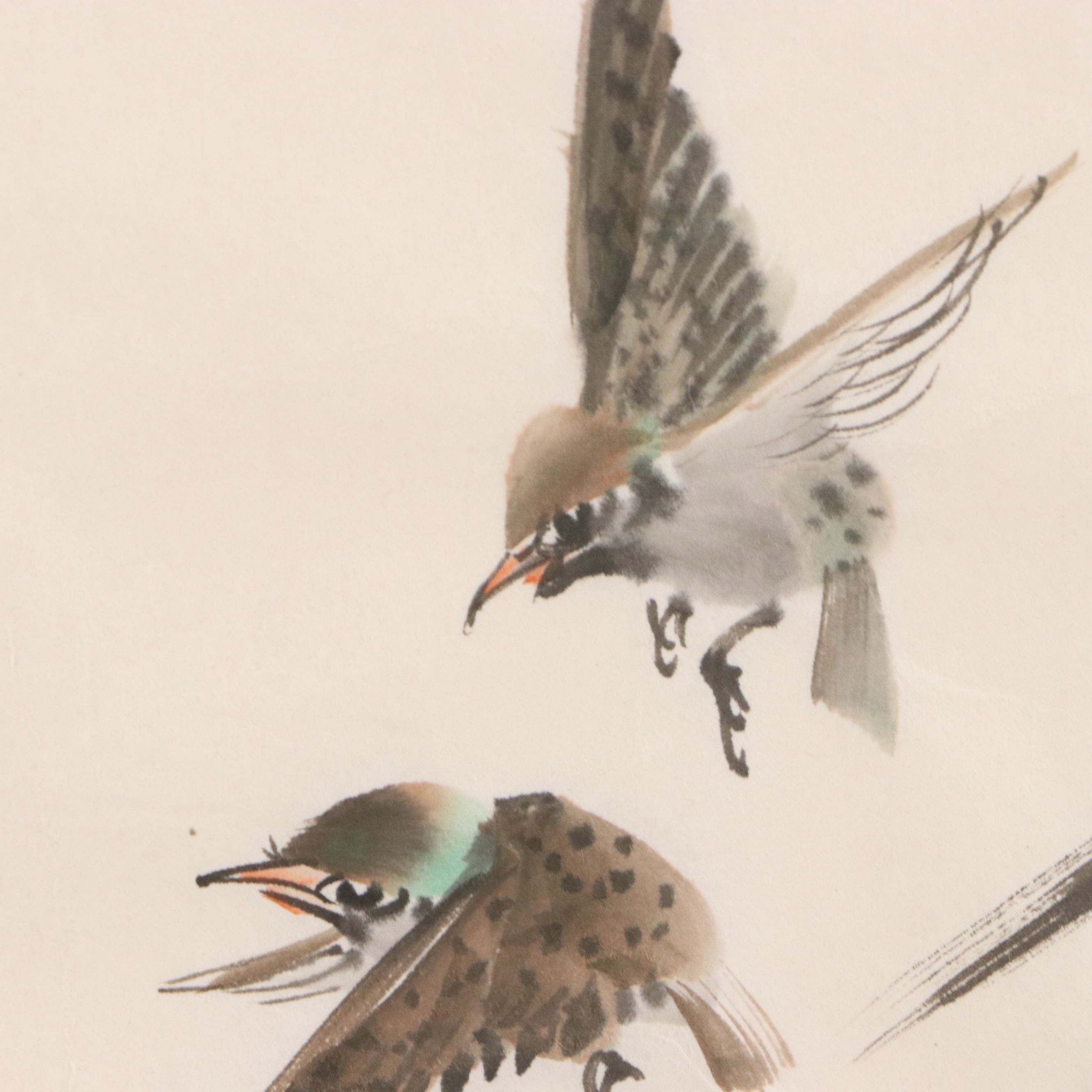 East Asian Watercolor Painting of Sparrows with Flowering Plants