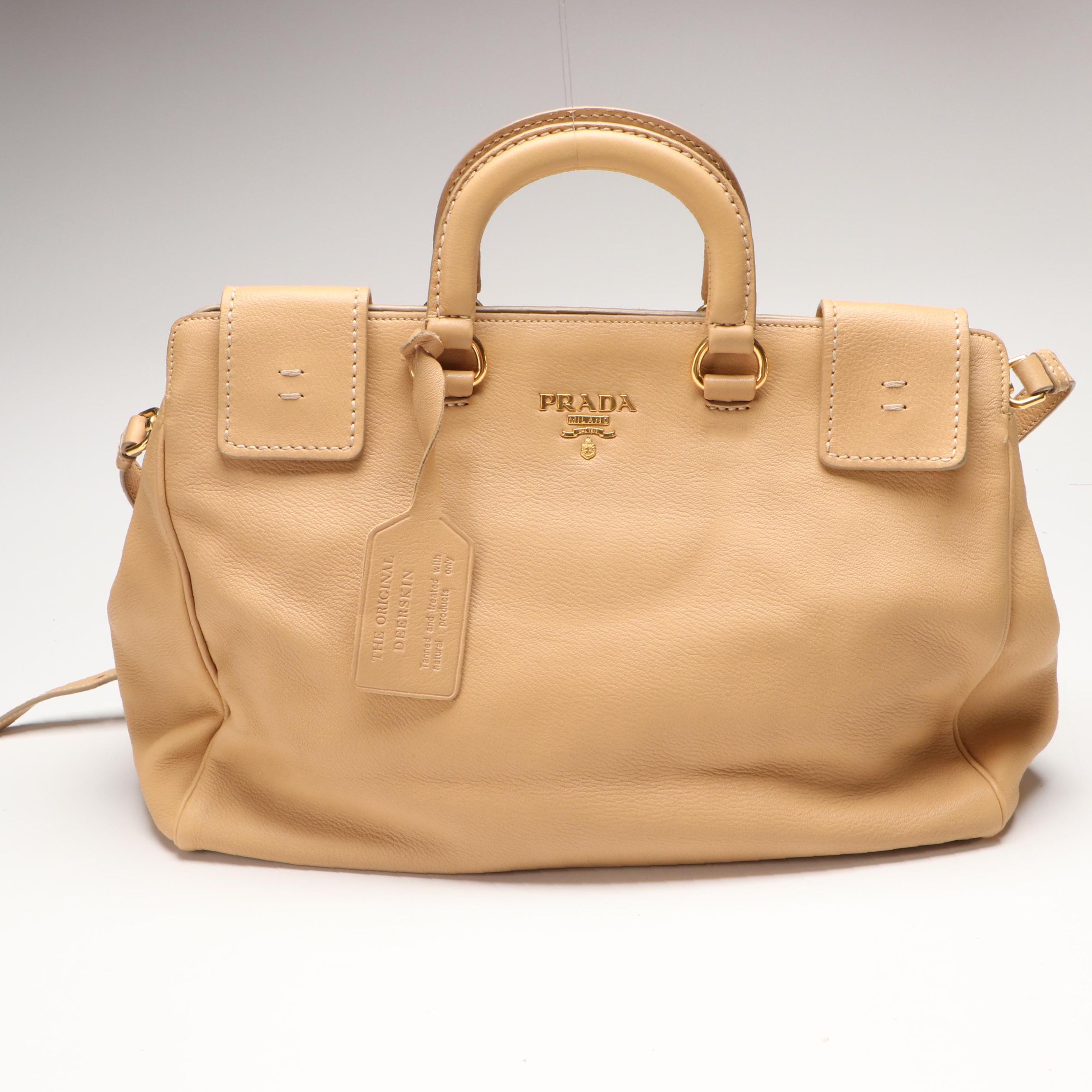 Prada Beige Deerskin Leather Top Handle Two-Way Tote