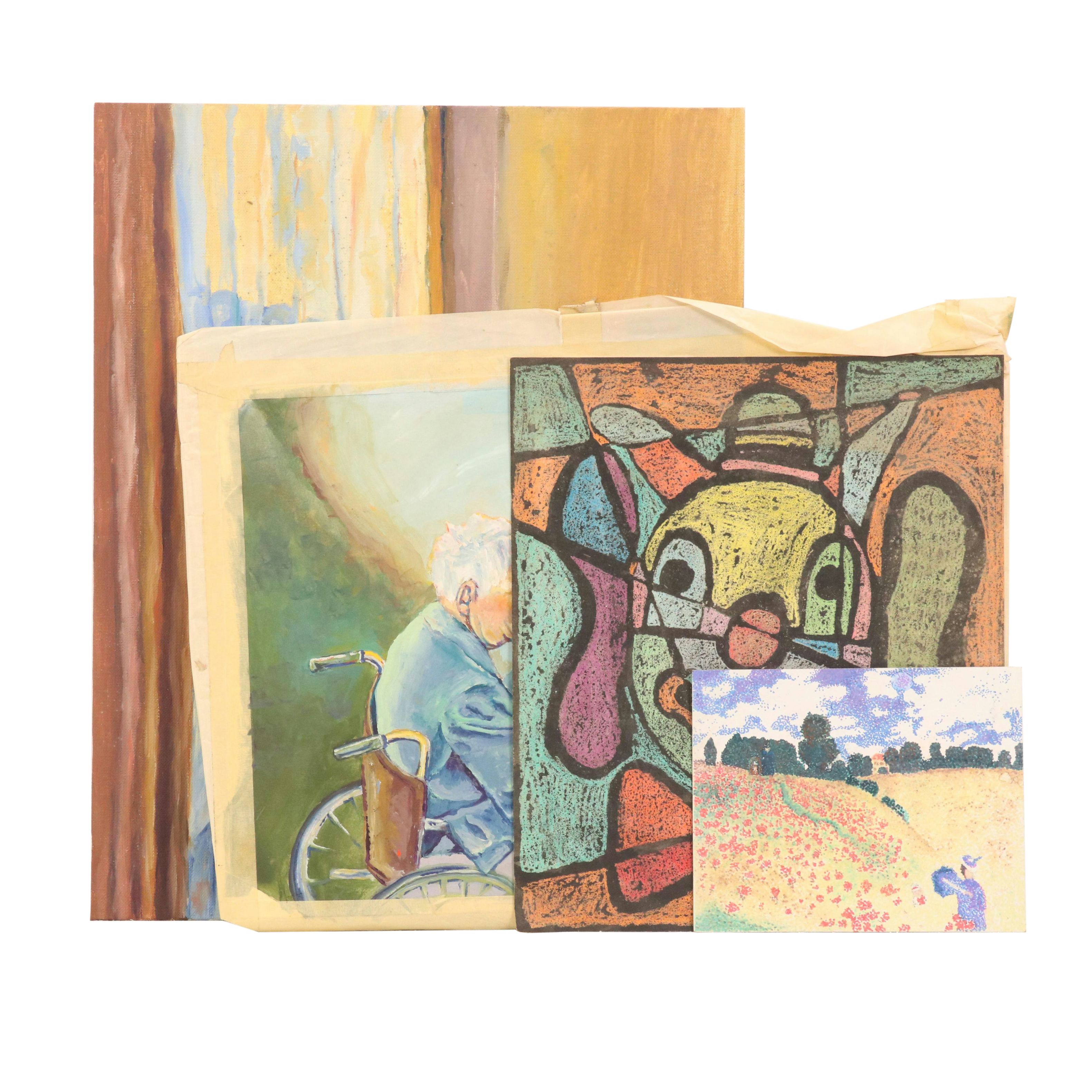 Set of Studies Including Stipple Painting After Claude Monet "Poppy Field..."