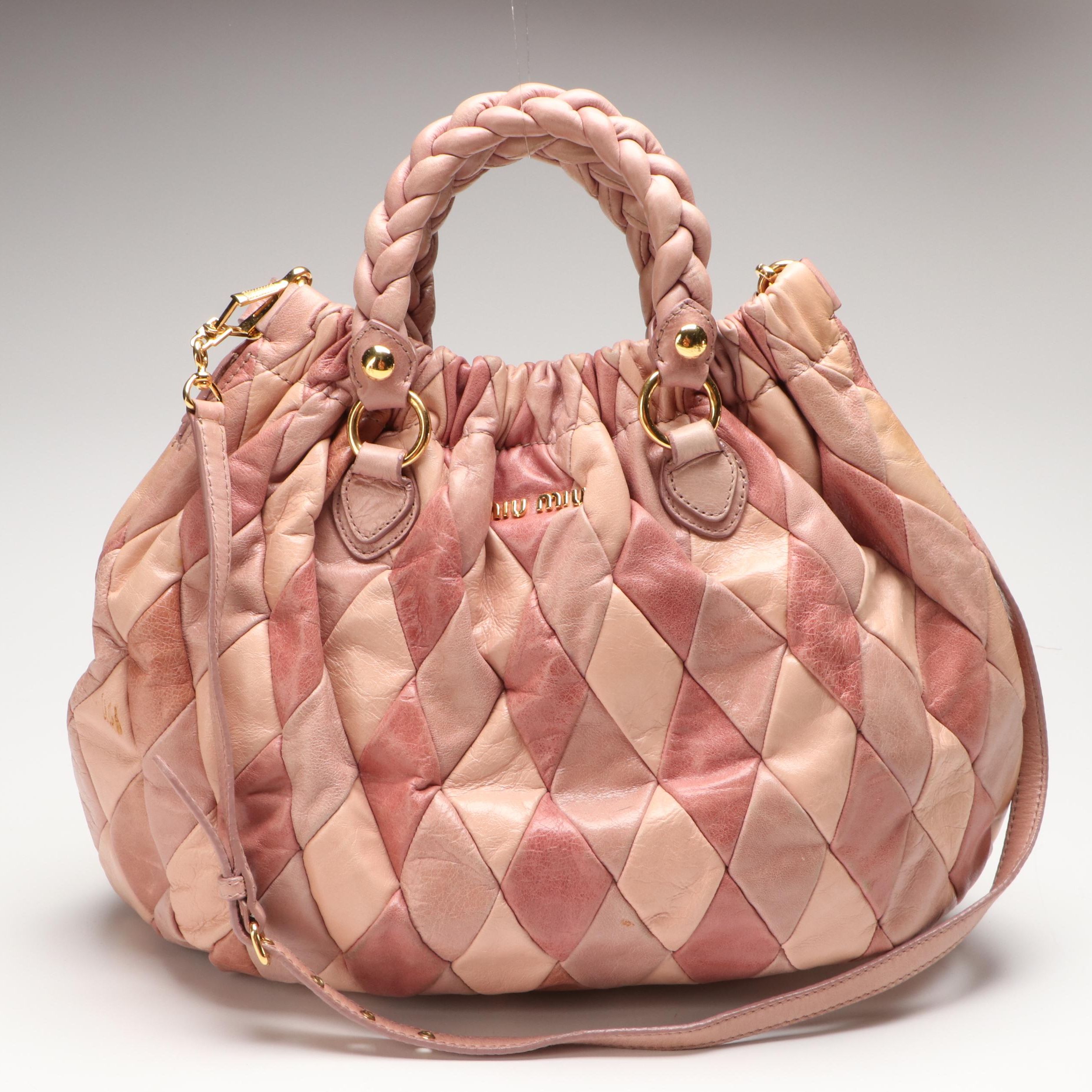 Miu Miu Harlequin Two-Way Tote in Pink Tricolored Patchwork Calfskin Leather