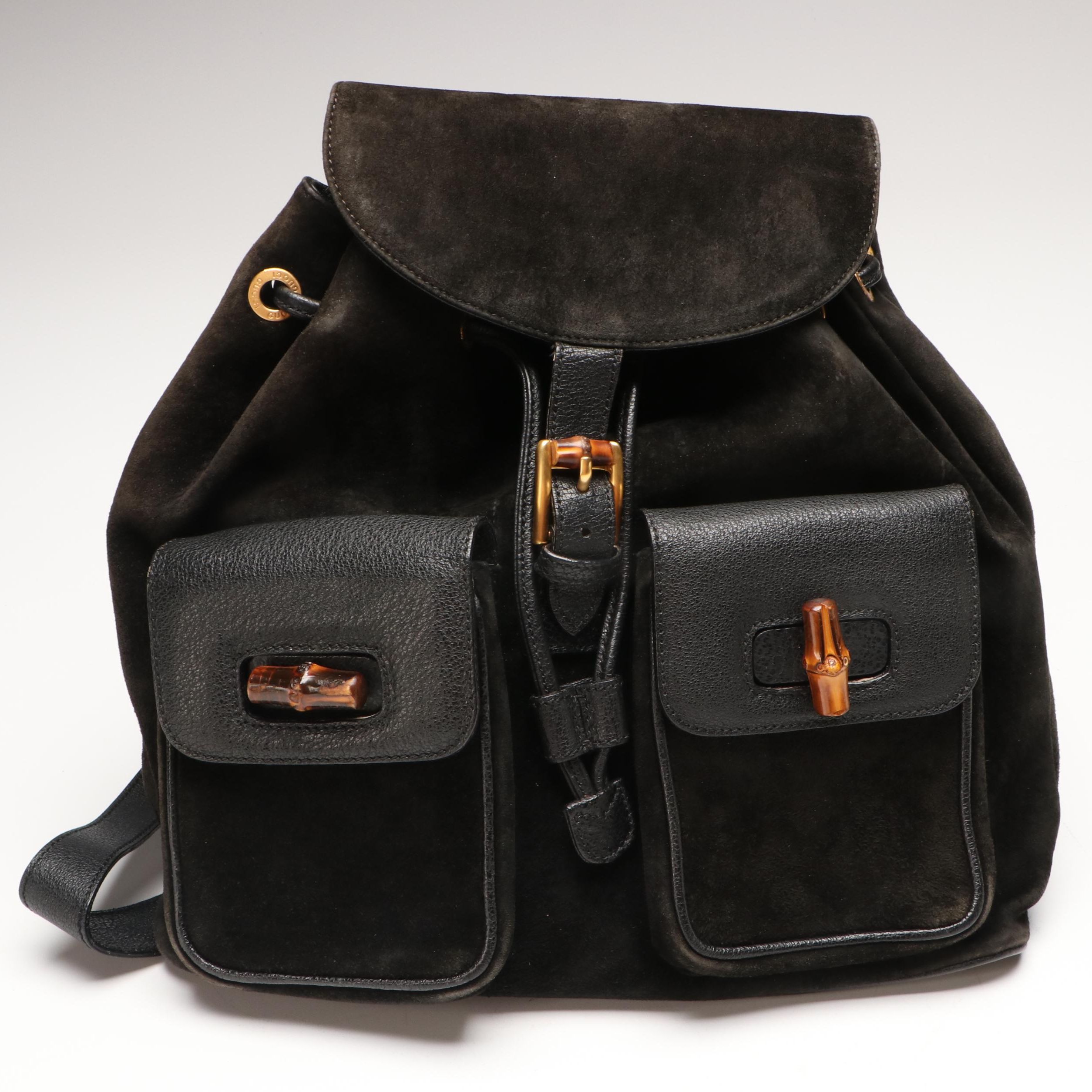 Gucci Black Suede Bamboo Handle Backpack with Grained Leather Trim