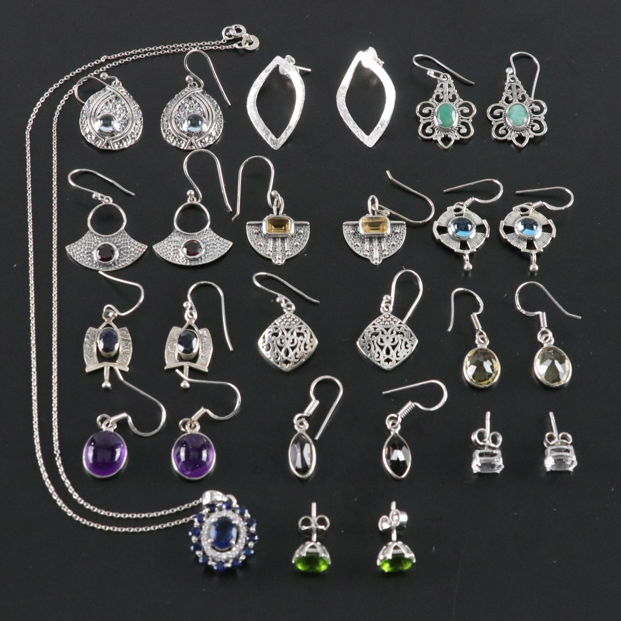 14 Assorted Sterling Earrings and Pendant Necklace