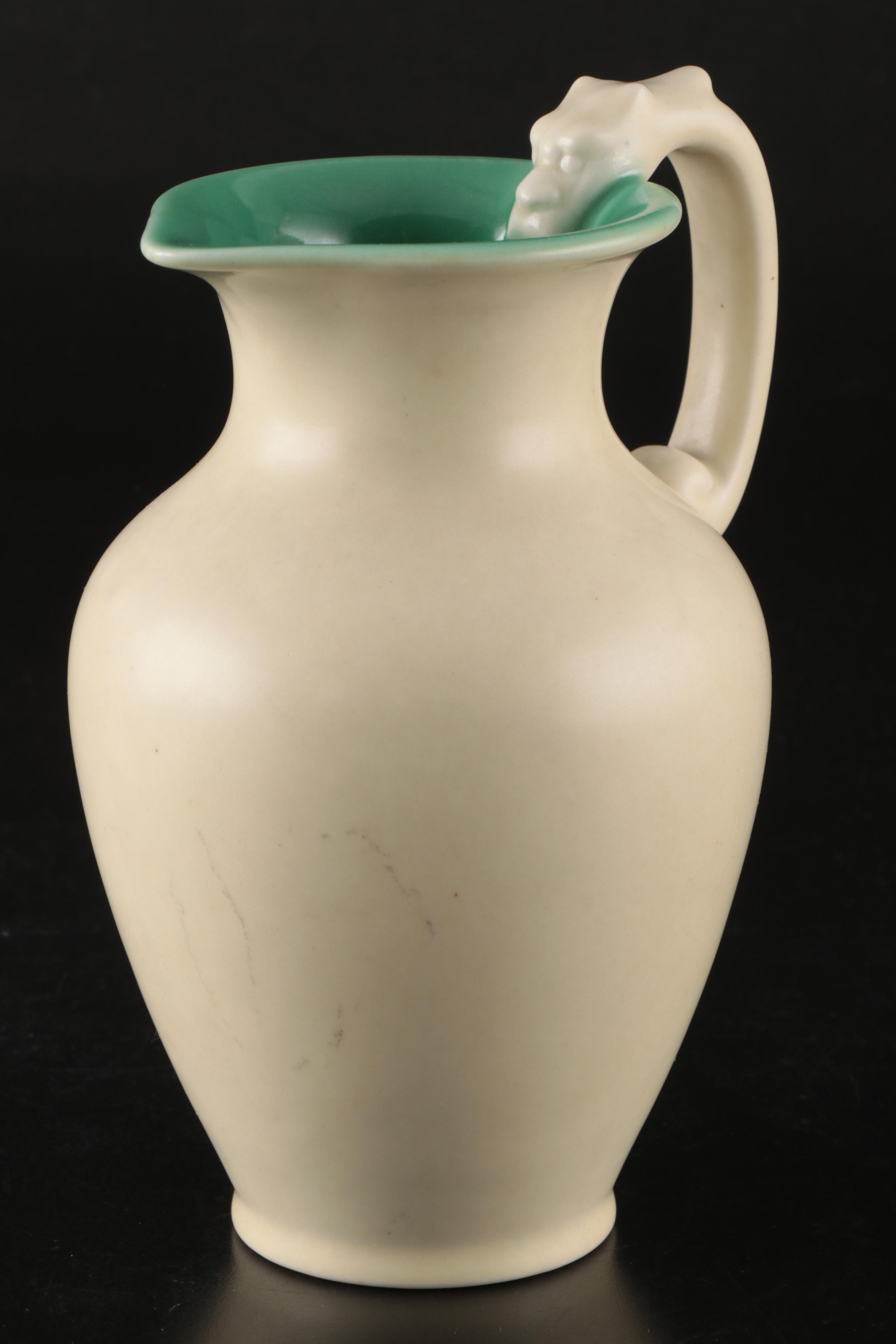 Rookwood Pottery Matte Glaze Baluster Pitcher with Animal Head Handle, 1927