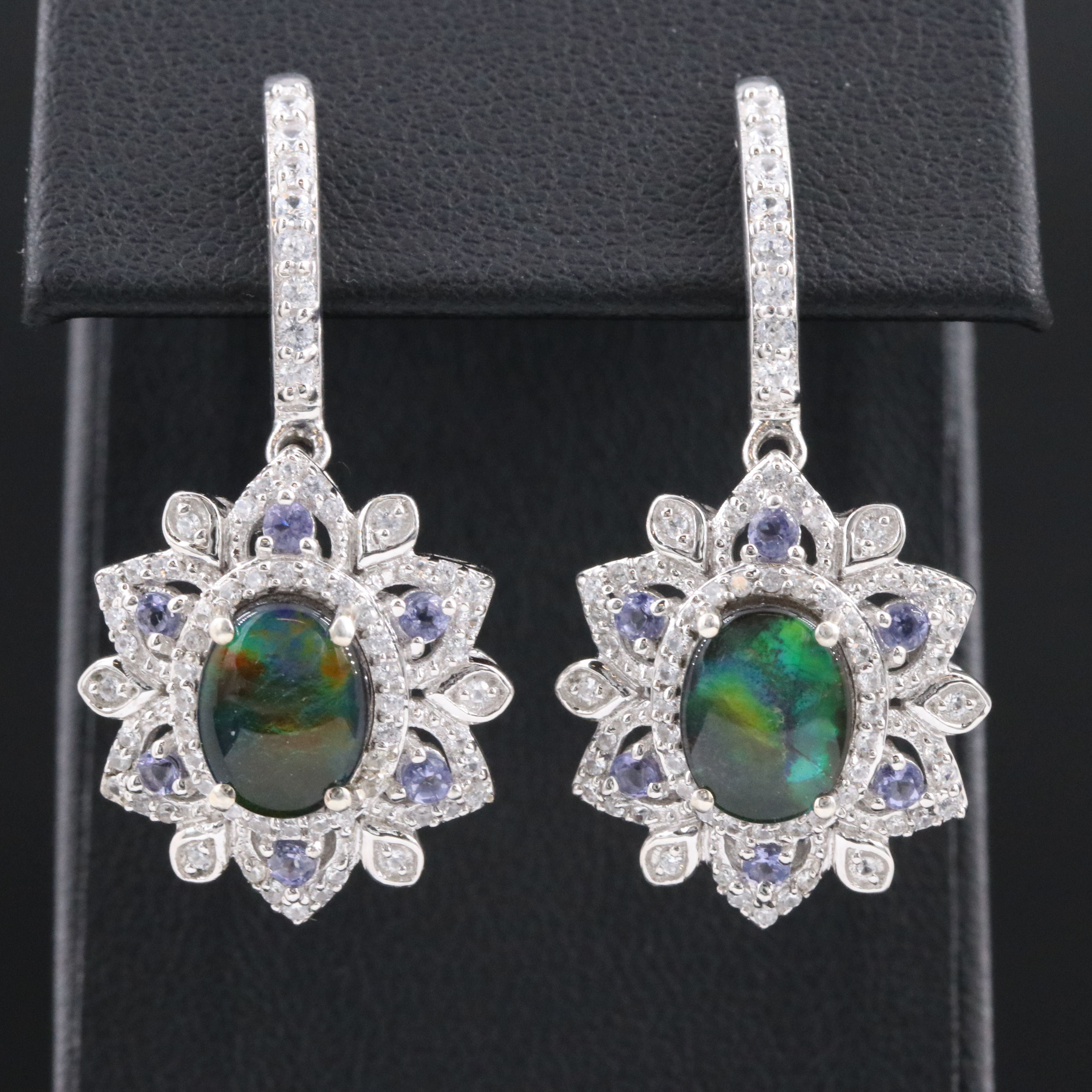 Sterling Ammolite Doublet, Tanzanite and White Zircon Drop Earrings
