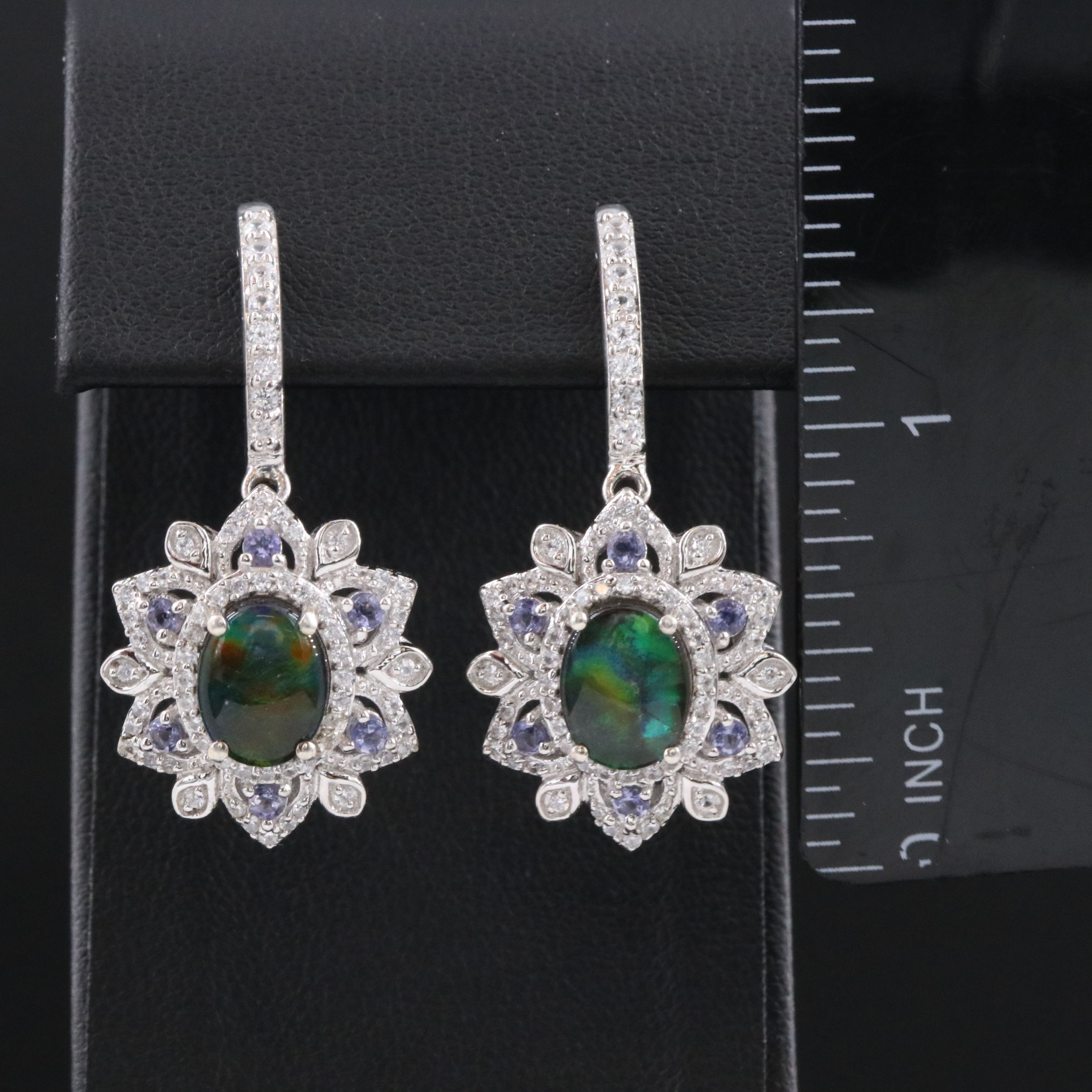 Sterling Ammolite Doublet, Tanzanite and White Zircon Drop Earrings