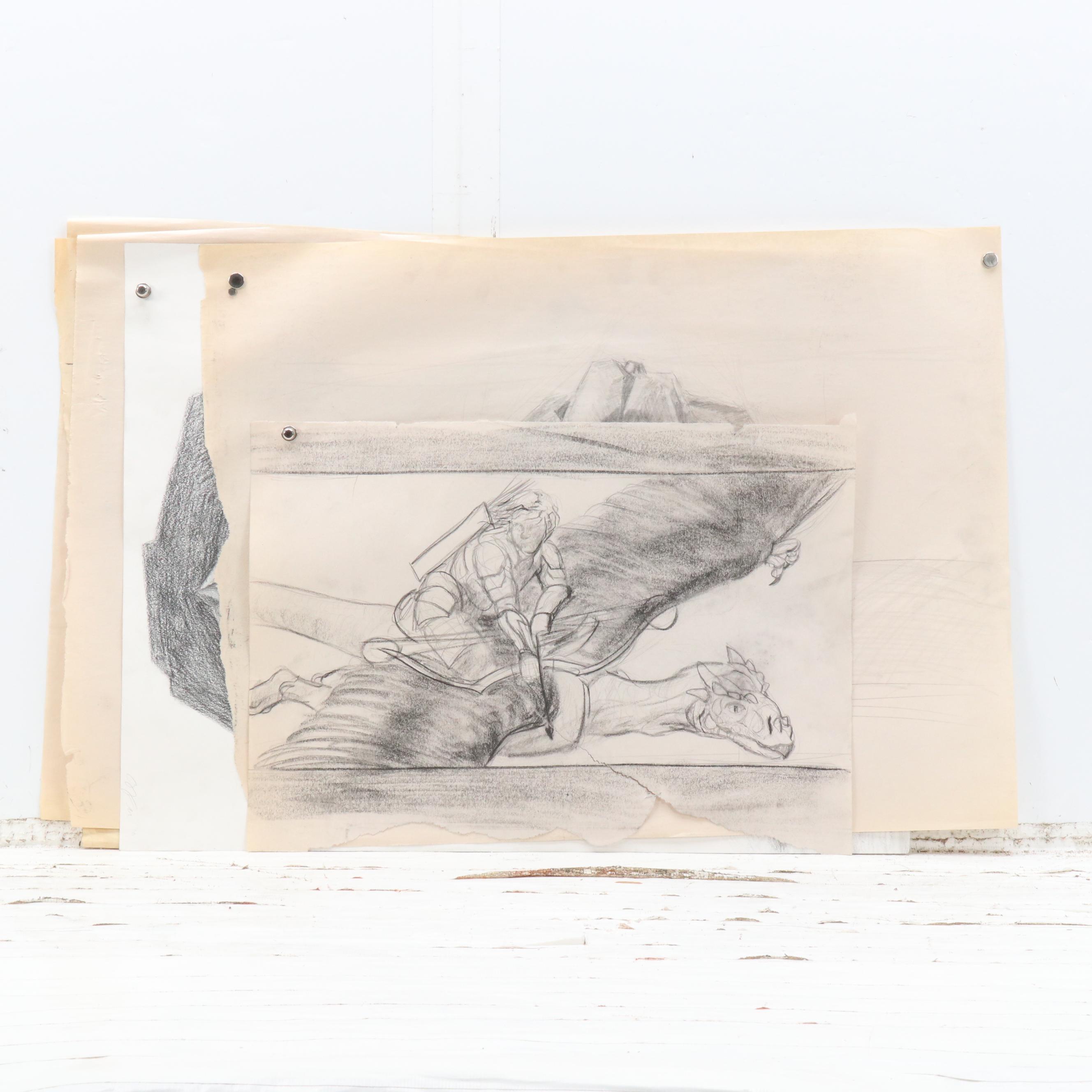 Ben Farrell Charcoal and Graphite Studies, Including Fantasy Illustrations