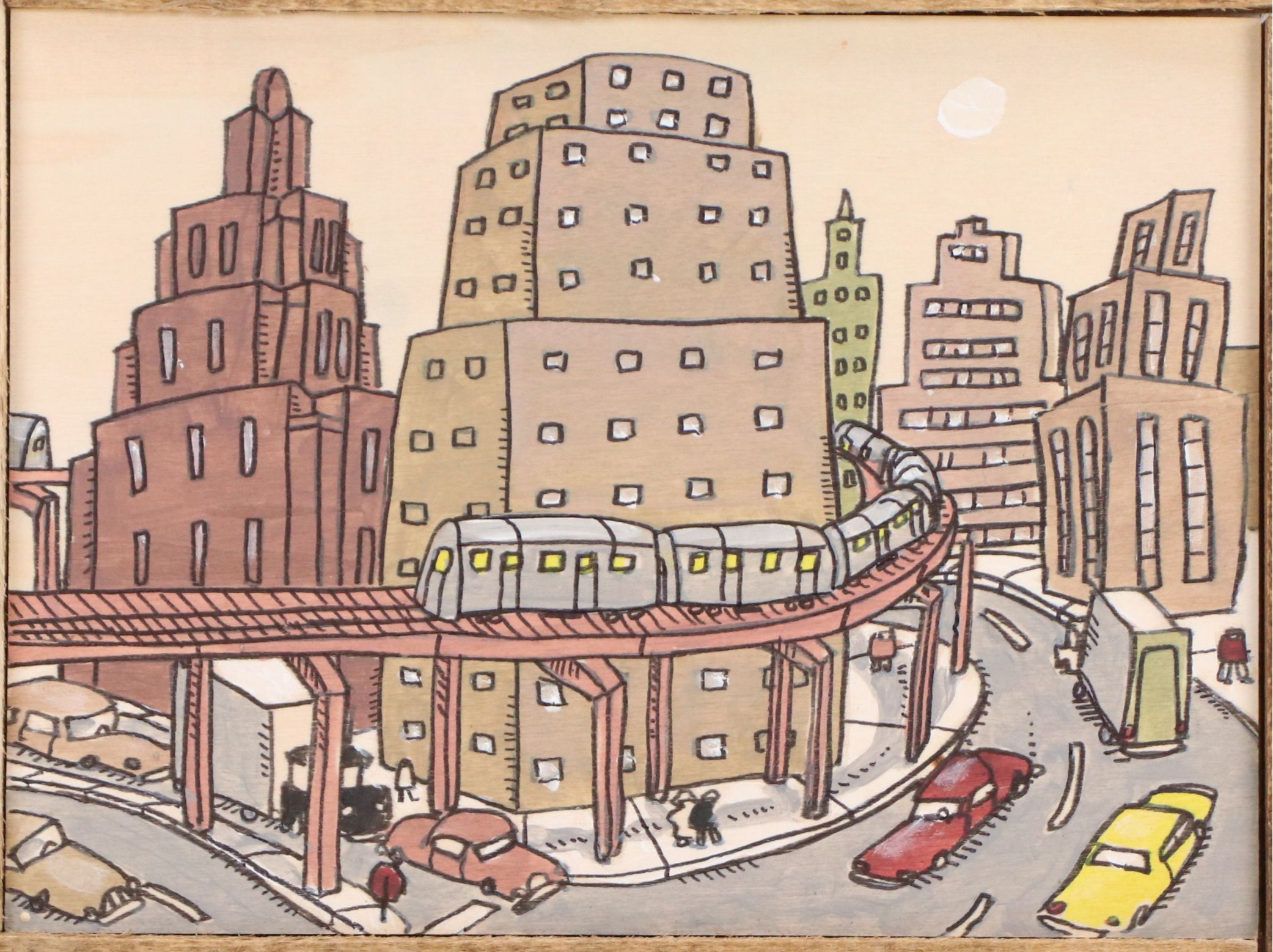 Aaron Wooten Stylized Cityscape Mixed Media Painting "Downtown Train," 2025