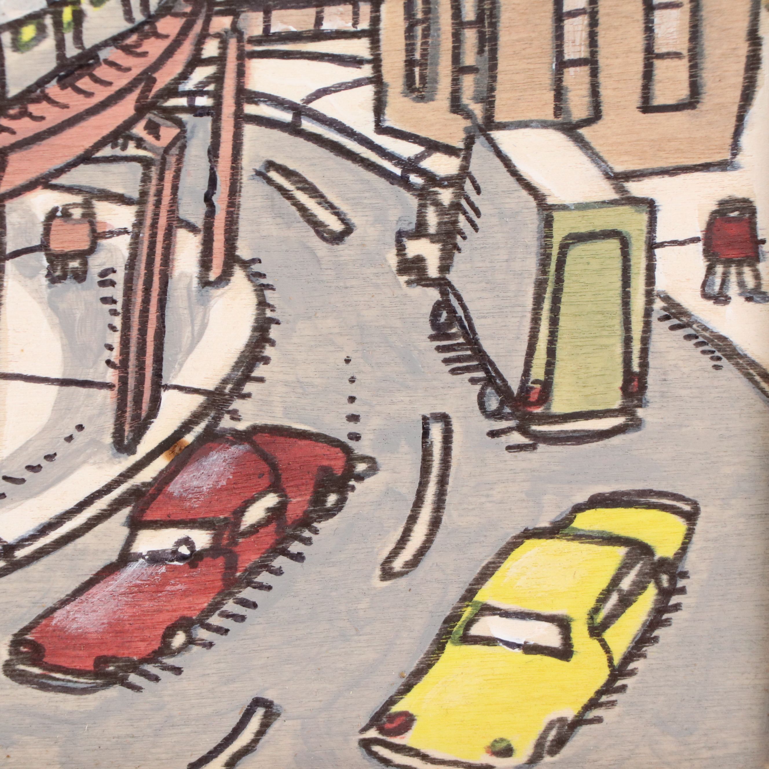 Aaron Wooten Stylized Cityscape Mixed Media Painting "Downtown Train," 2025