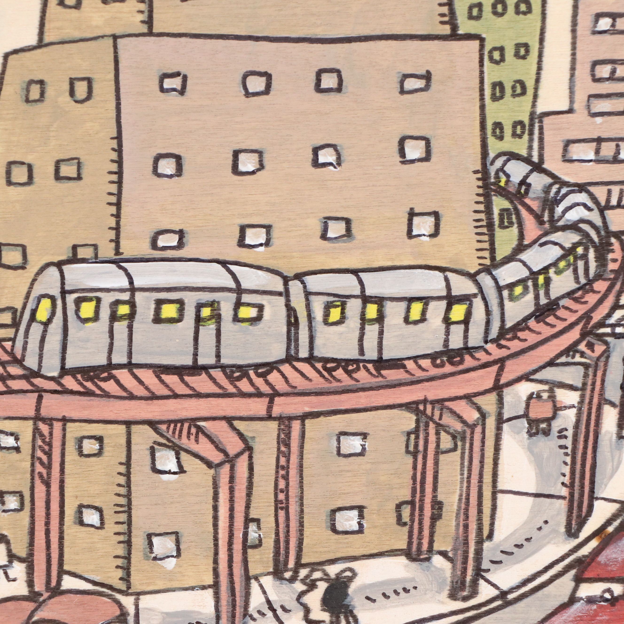 Aaron Wooten Stylized Cityscape Mixed Media Painting "Downtown Train," 2025