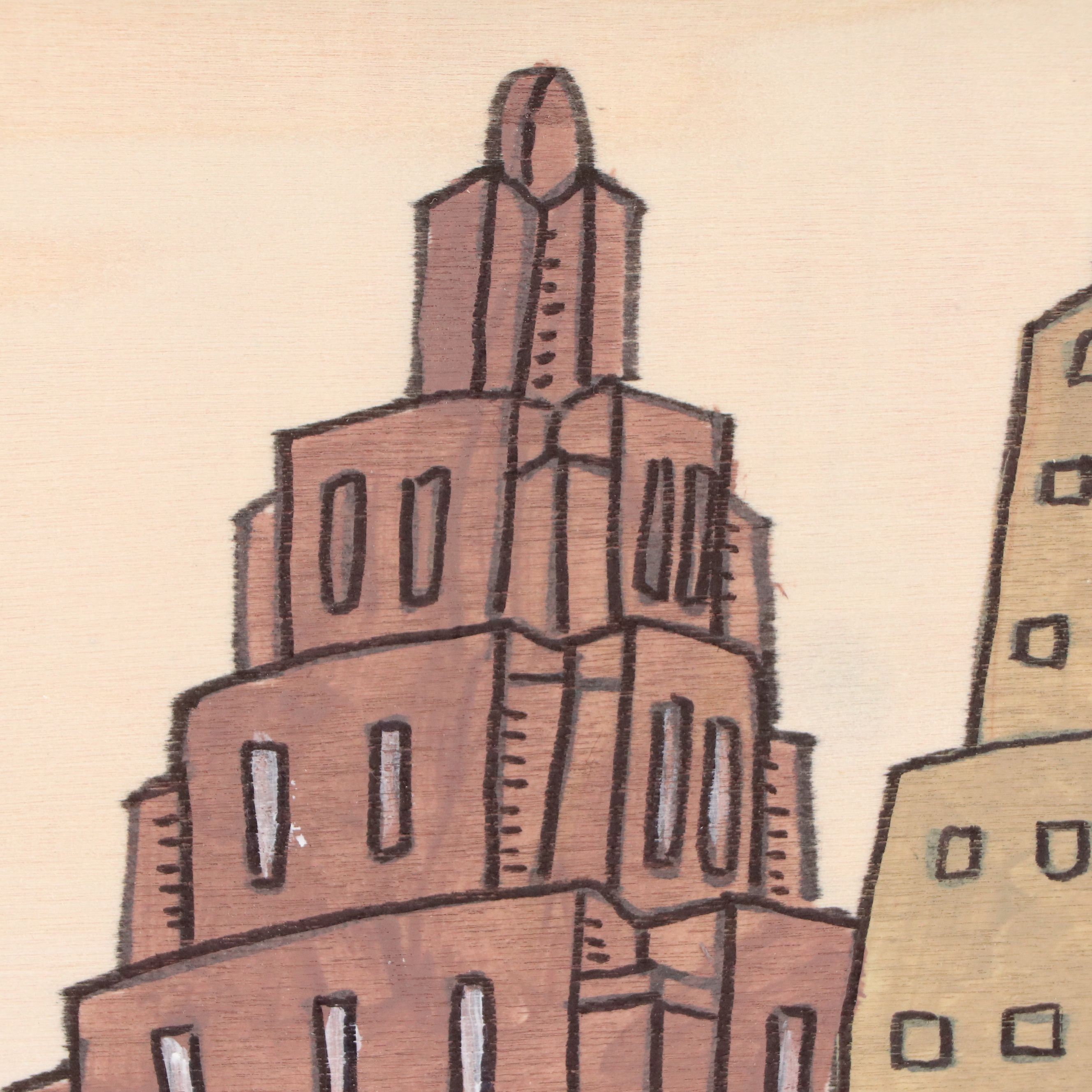 Aaron Wooten Stylized Cityscape Mixed Media Painting "Downtown Train," 2025