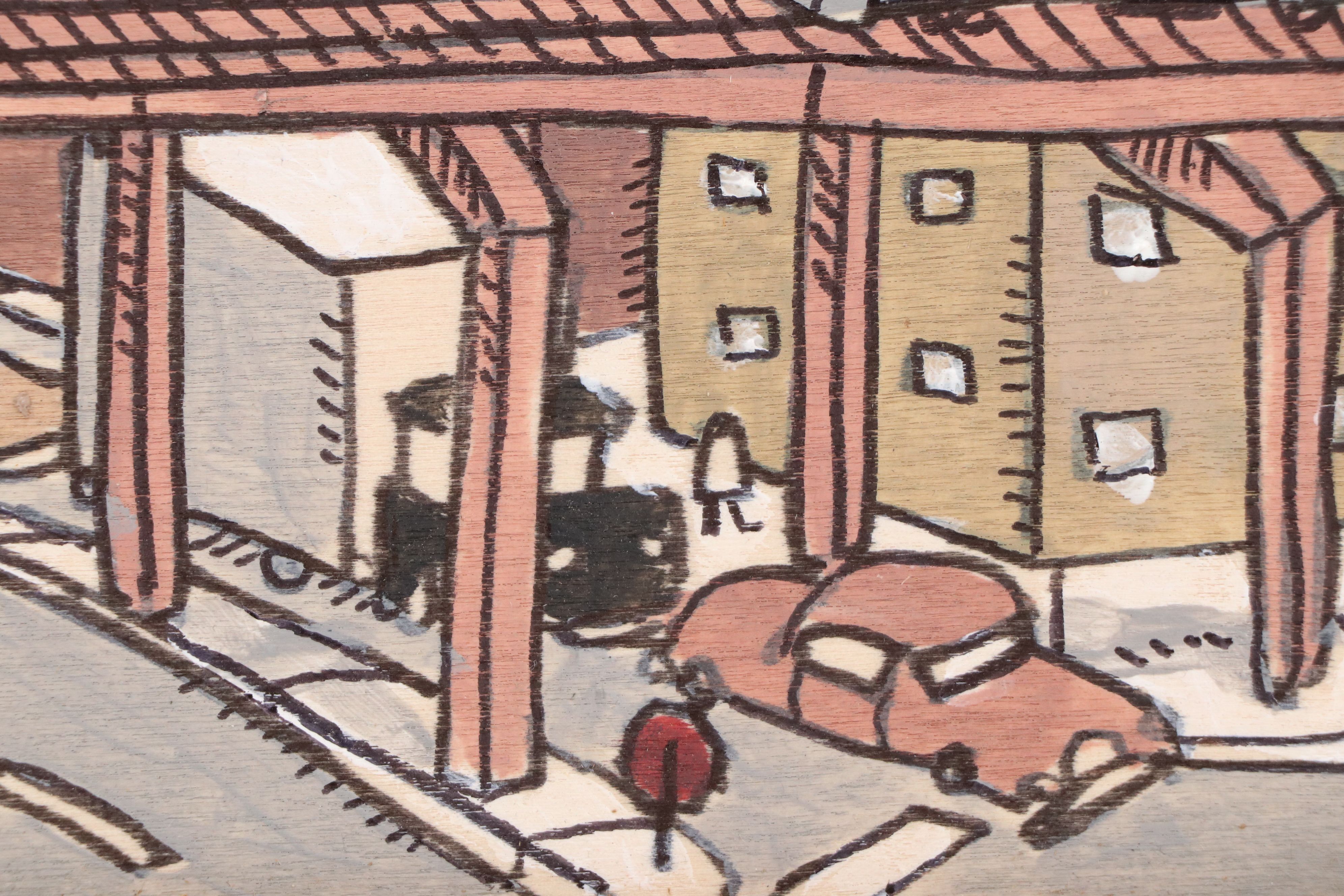 Aaron Wooten Stylized Cityscape Mixed Media Painting "Downtown Train," 2025