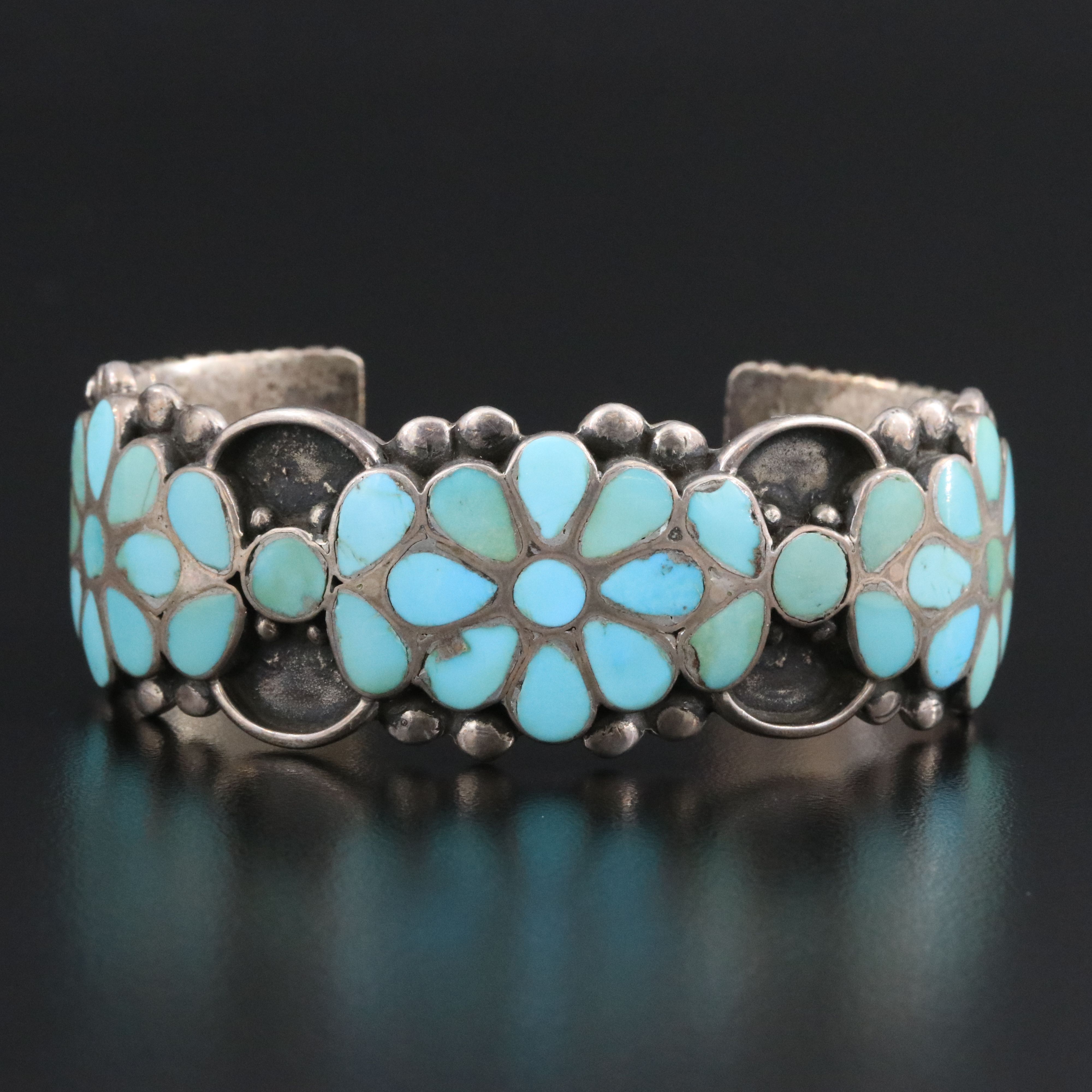 Vintage Southwestern Sterling Turquoise Inlay Floral Cuff Bracelet
