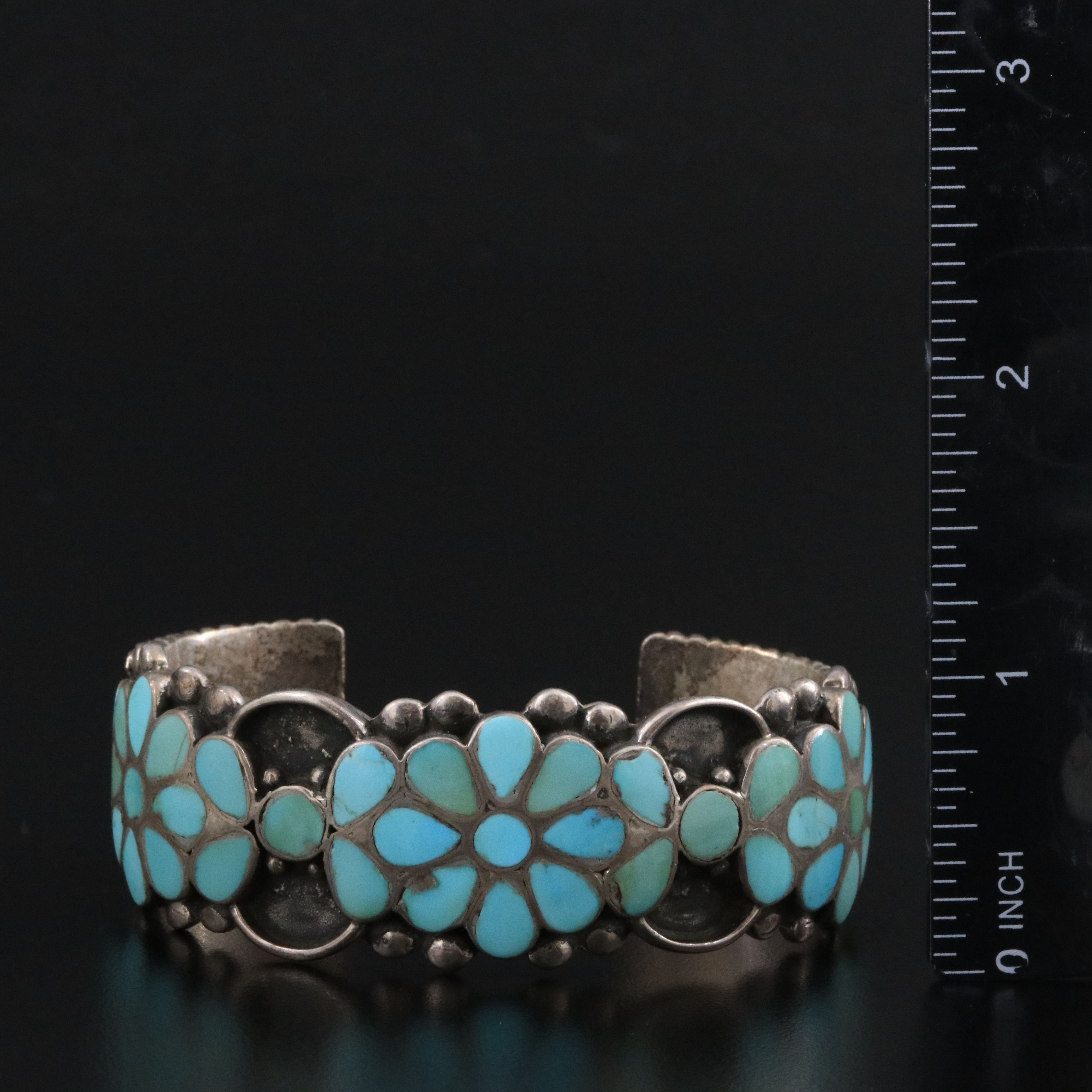 Vintage Southwestern Sterling Turquoise Inlay Floral Cuff Bracelet