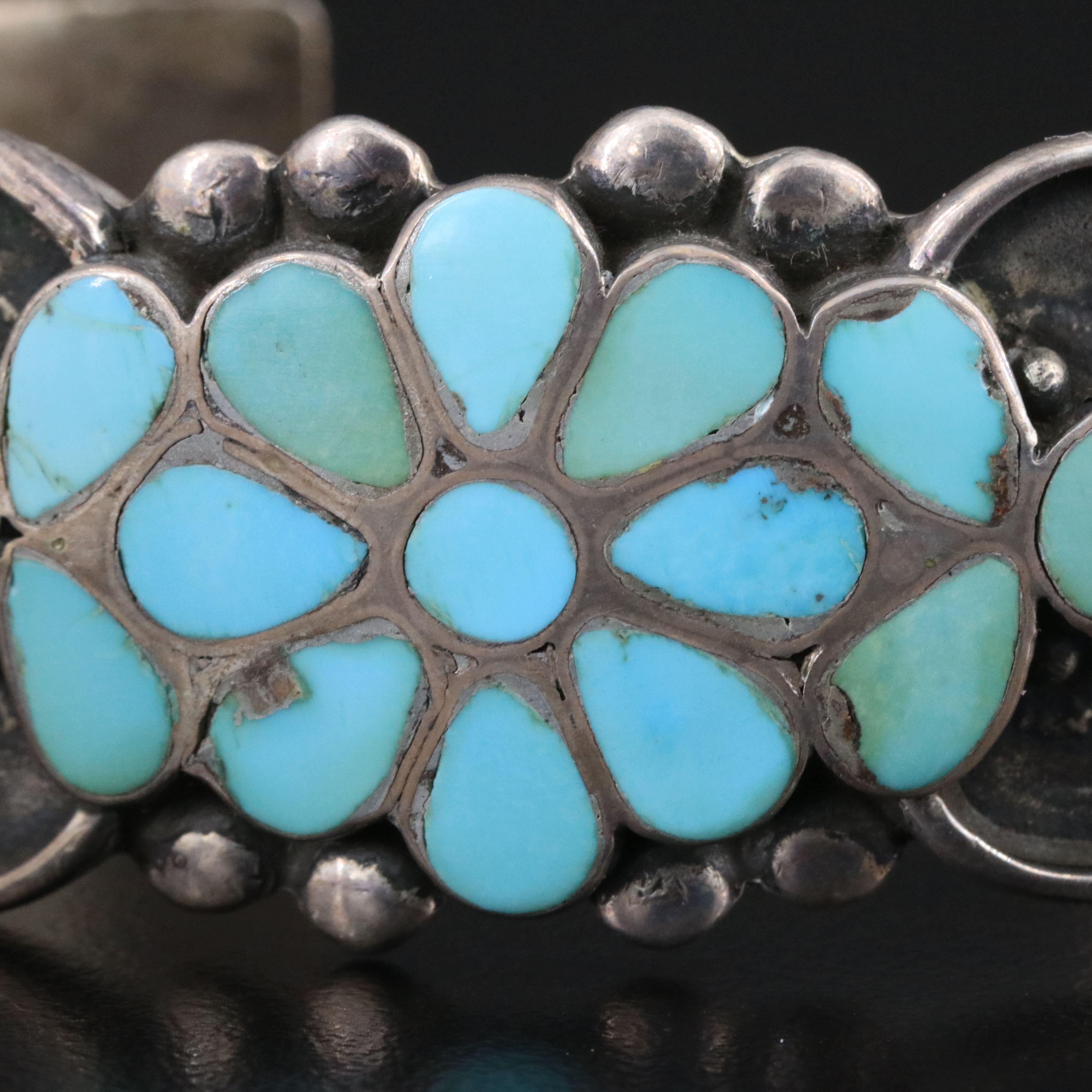 Vintage Southwestern Sterling Turquoise Inlay Floral Cuff Bracelet