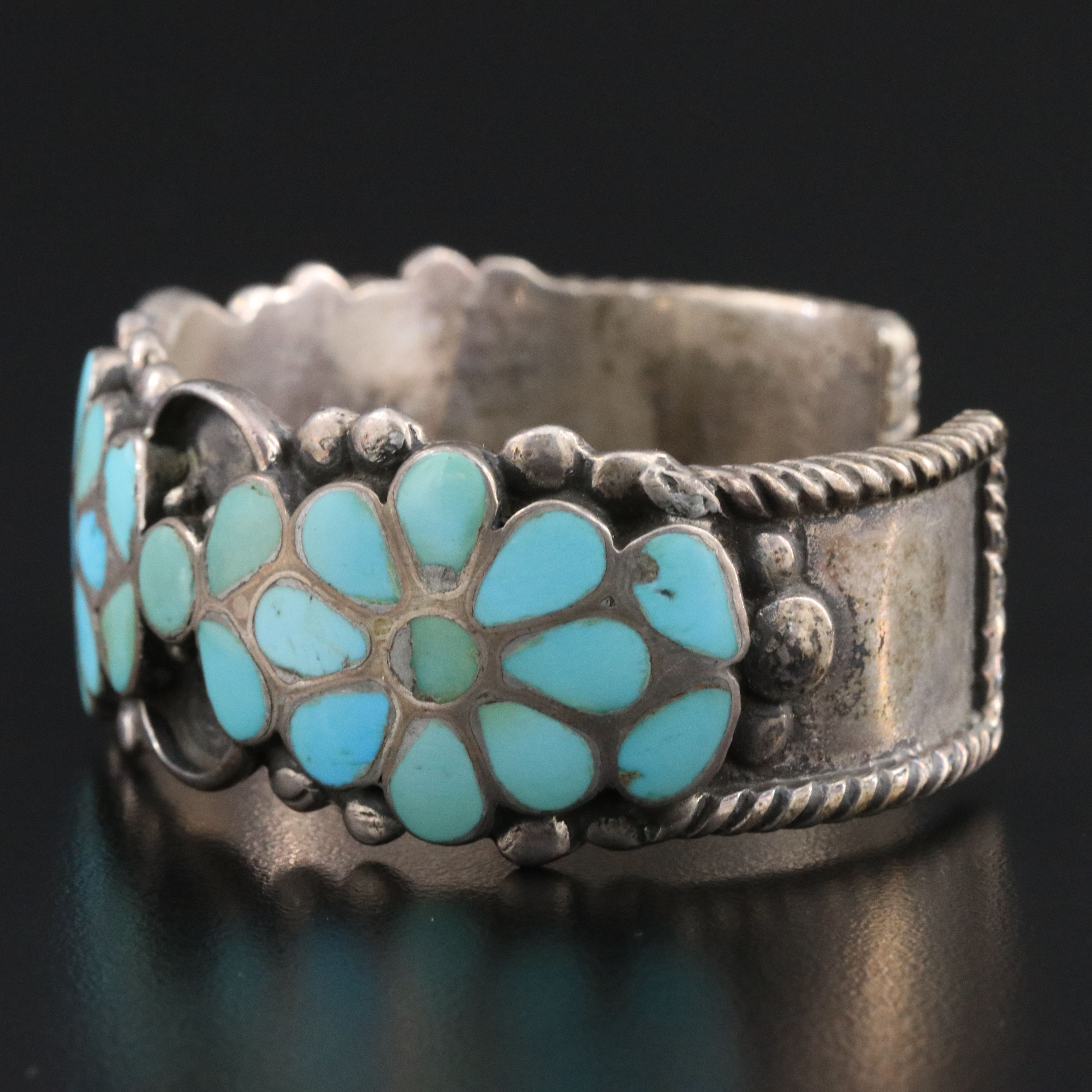 Vintage Southwestern Sterling Turquoise Inlay Floral Cuff Bracelet