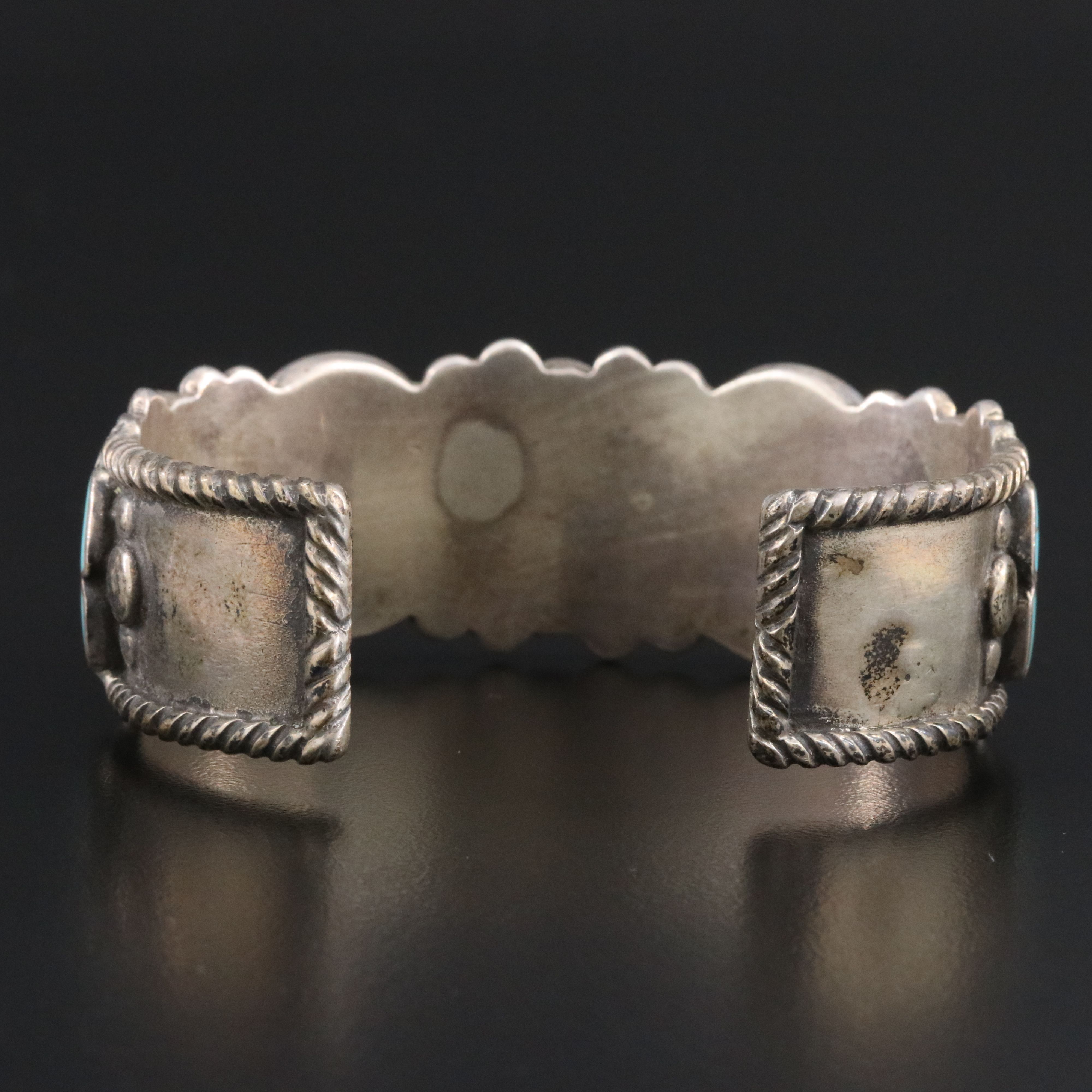 Vintage Southwestern Sterling Turquoise Inlay Floral Cuff Bracelet