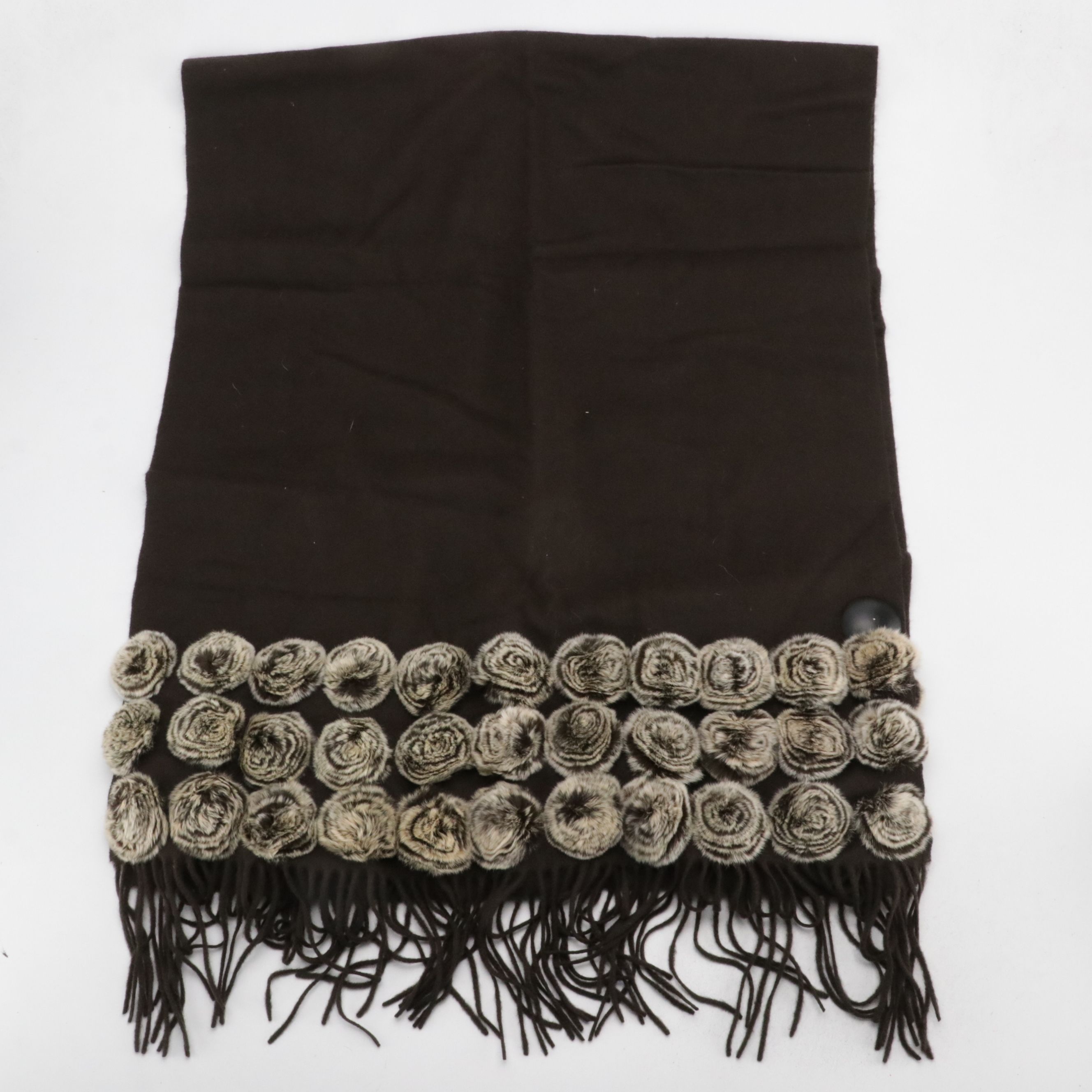 Cochni Dark Brown Cashmere Fringe Shawl with Rex Rabbit Fur Rosettes