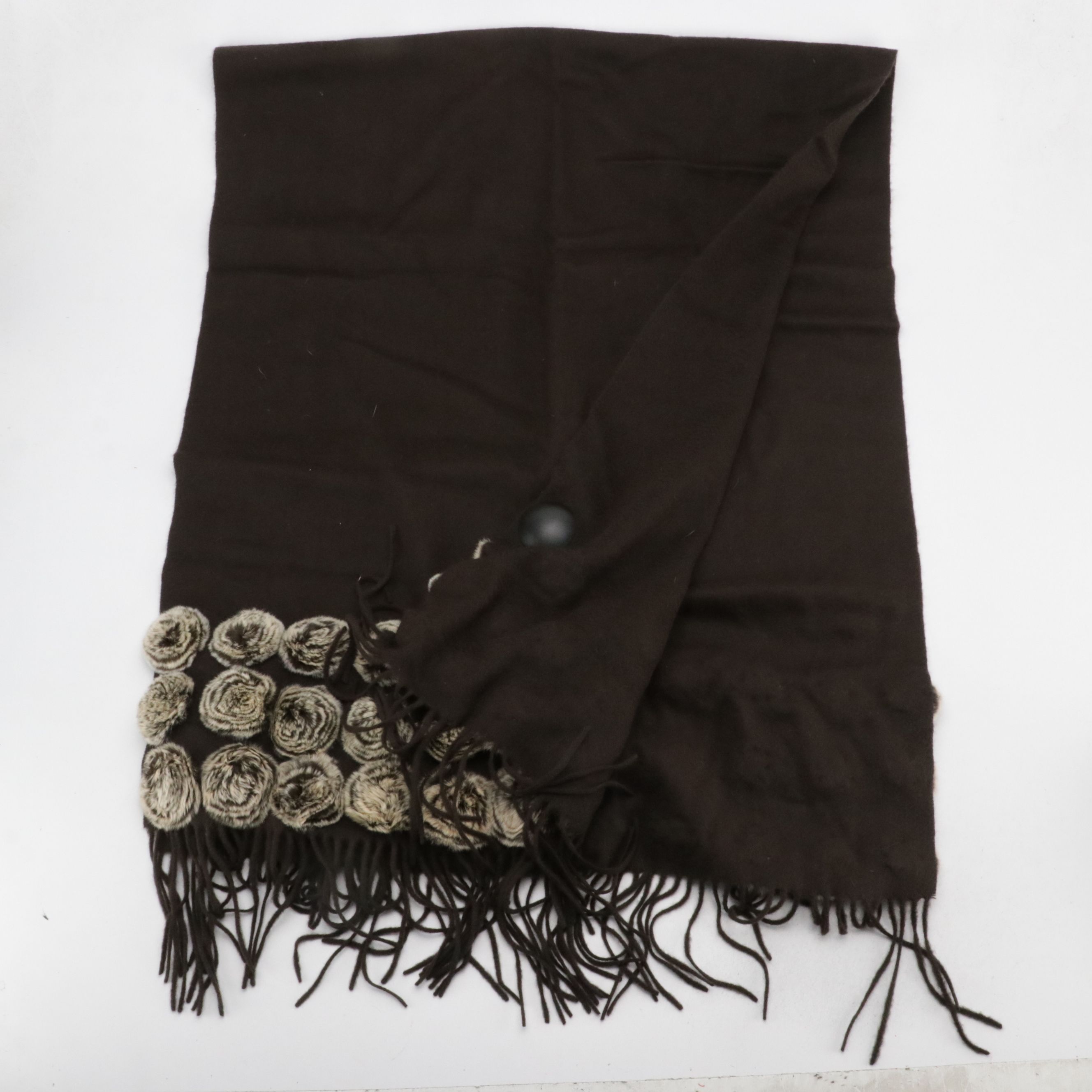 Cochni Dark Brown Cashmere Fringe Shawl with Rex Rabbit Fur Rosettes