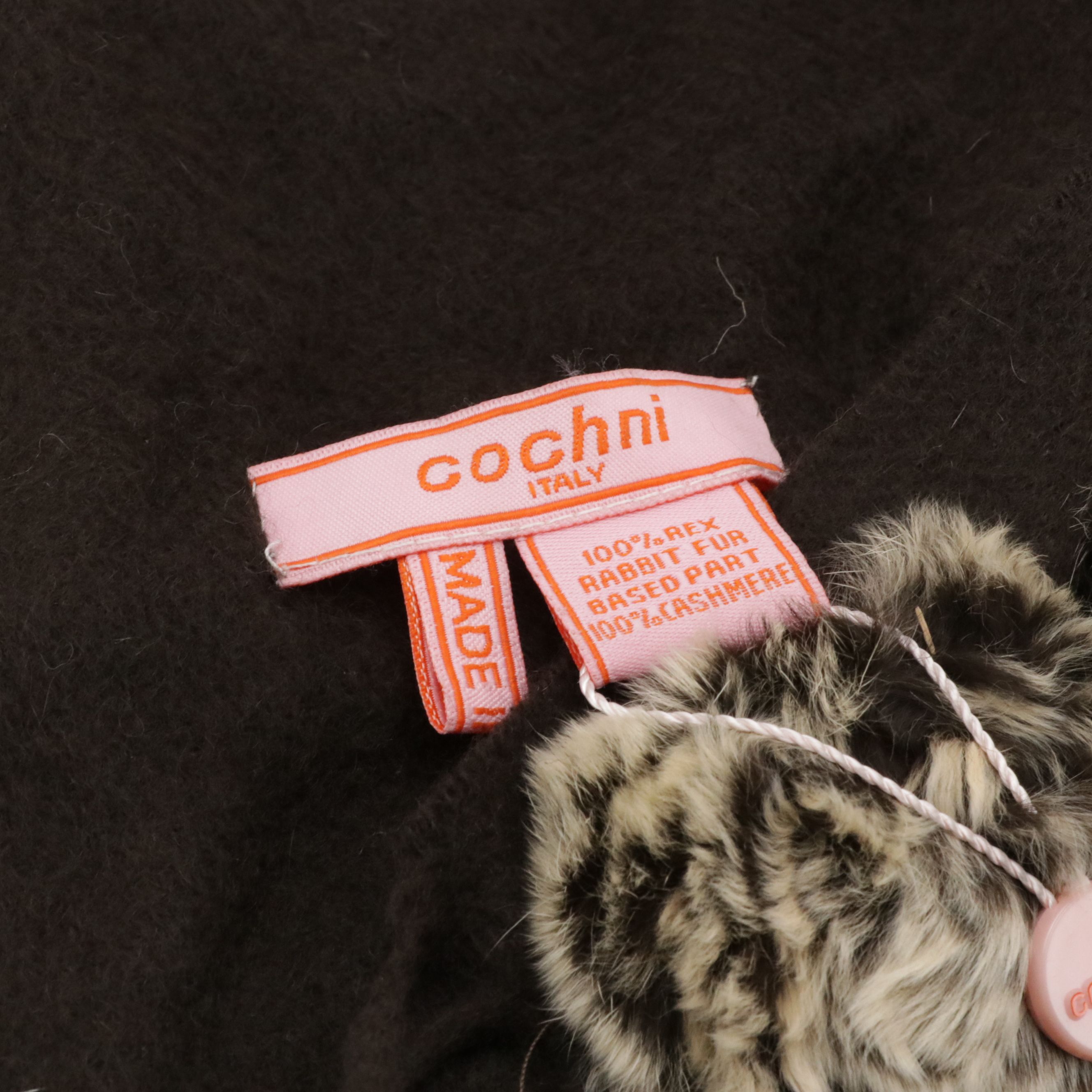 Cochni Dark Brown Cashmere Fringe Shawl with Rex Rabbit Fur Rosettes