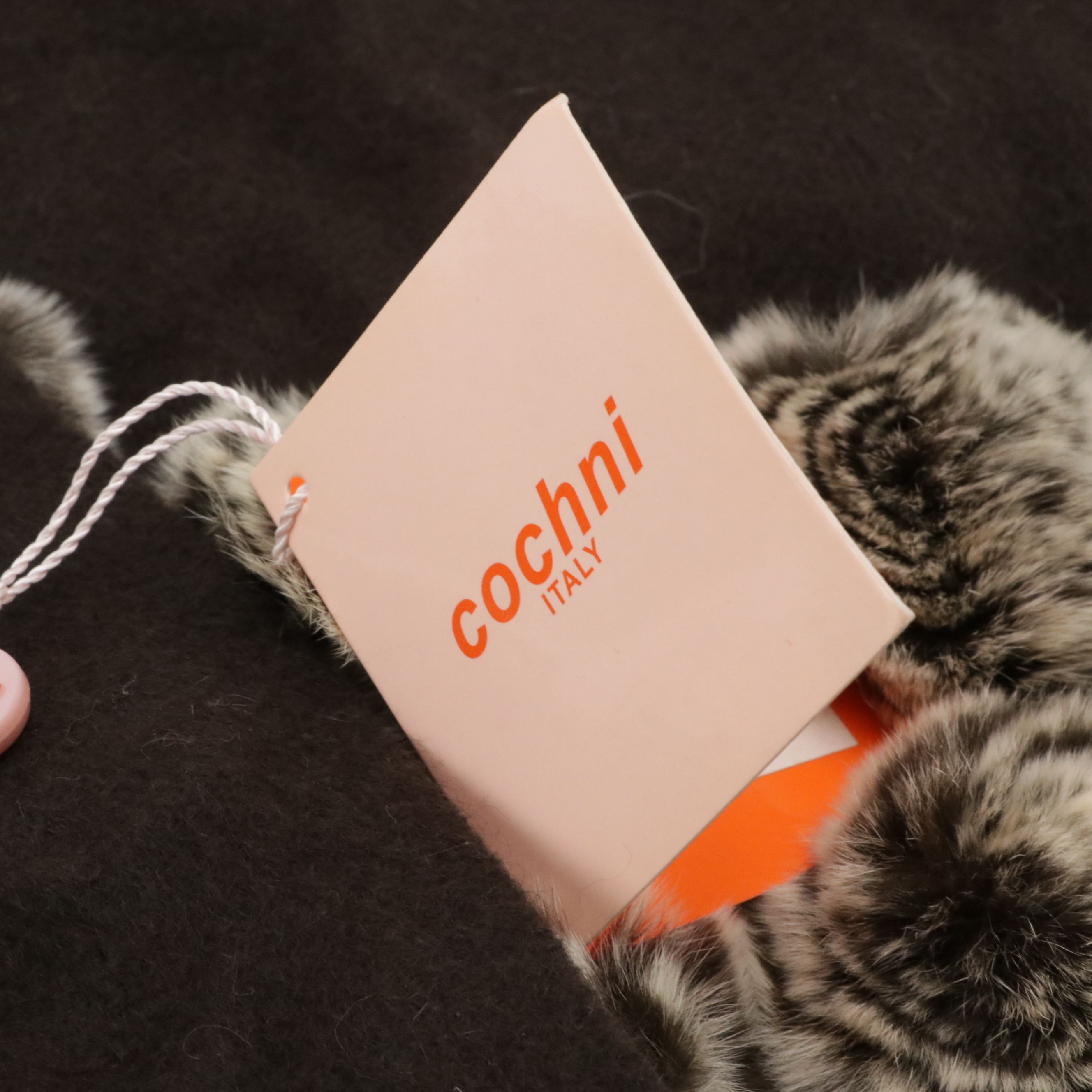 Cochni Dark Brown Cashmere Fringe Shawl with Rex Rabbit Fur Rosettes