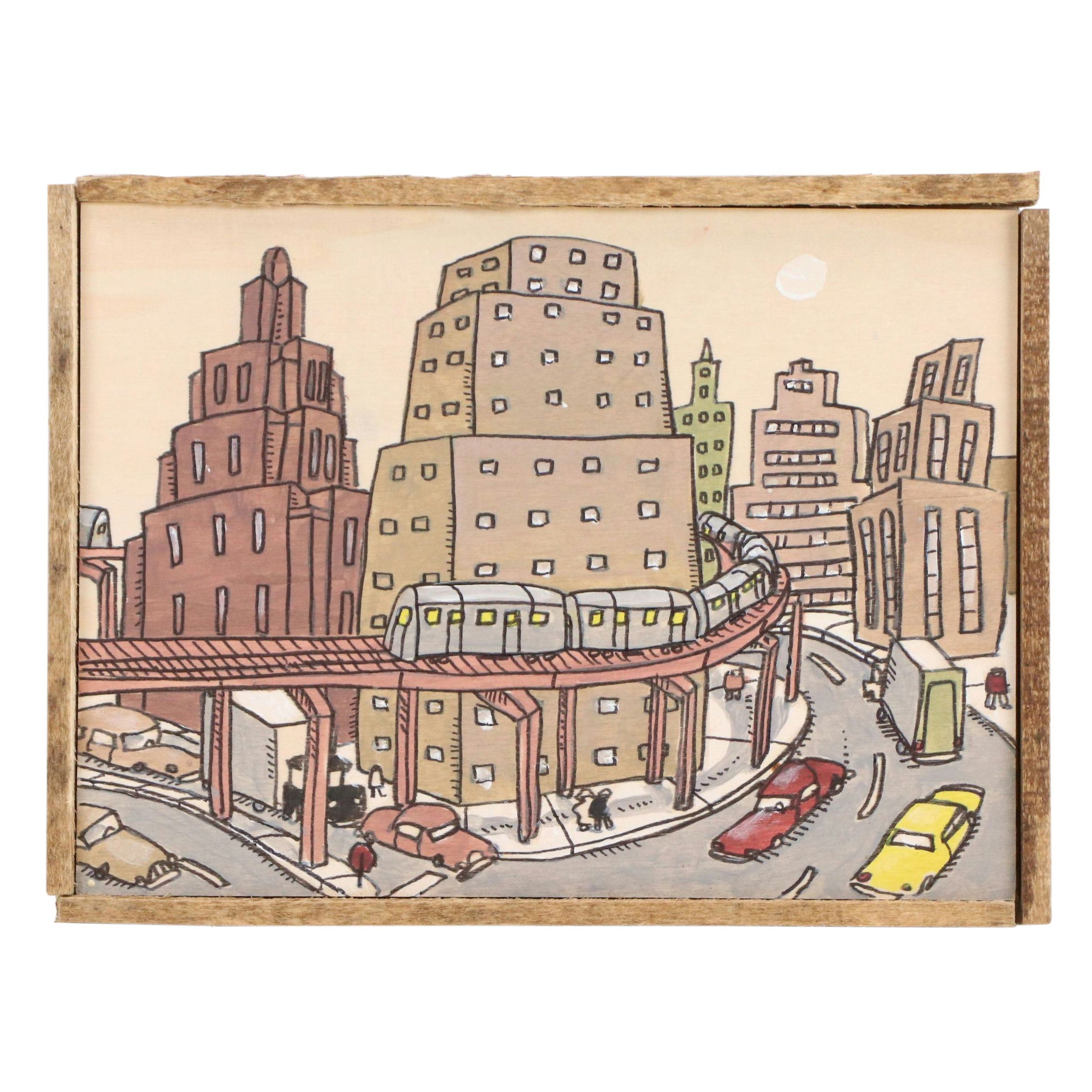 Aaron Wooten Stylized Cityscape Mixed Media Painting "Downtown Train," 2025