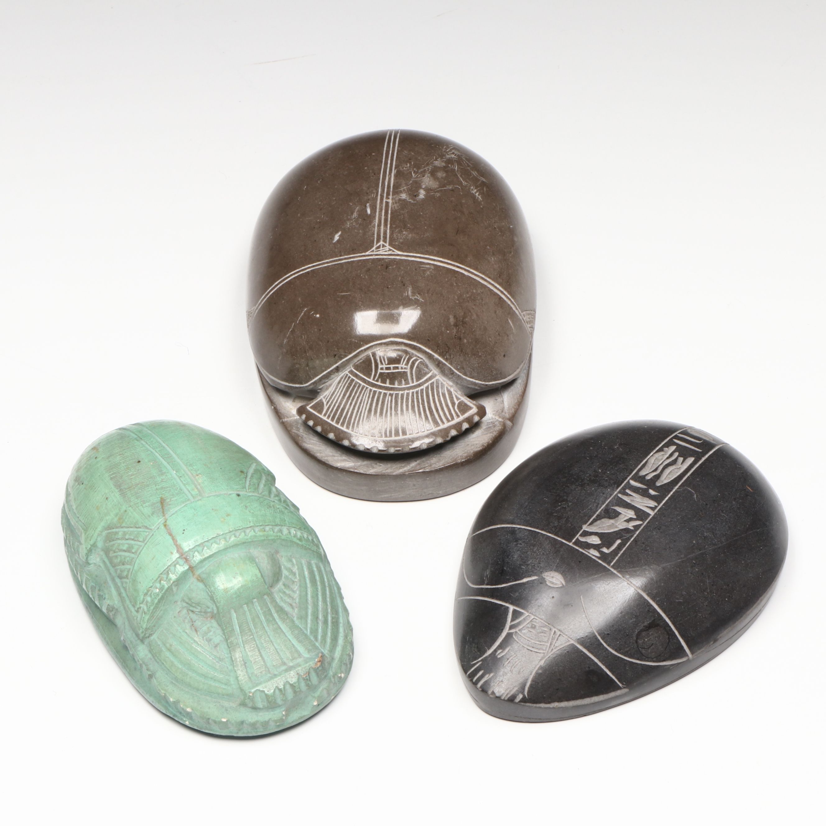 Antique Grand Tour and Egyptian Souvenir Carved Stone and Faïence Scarabs