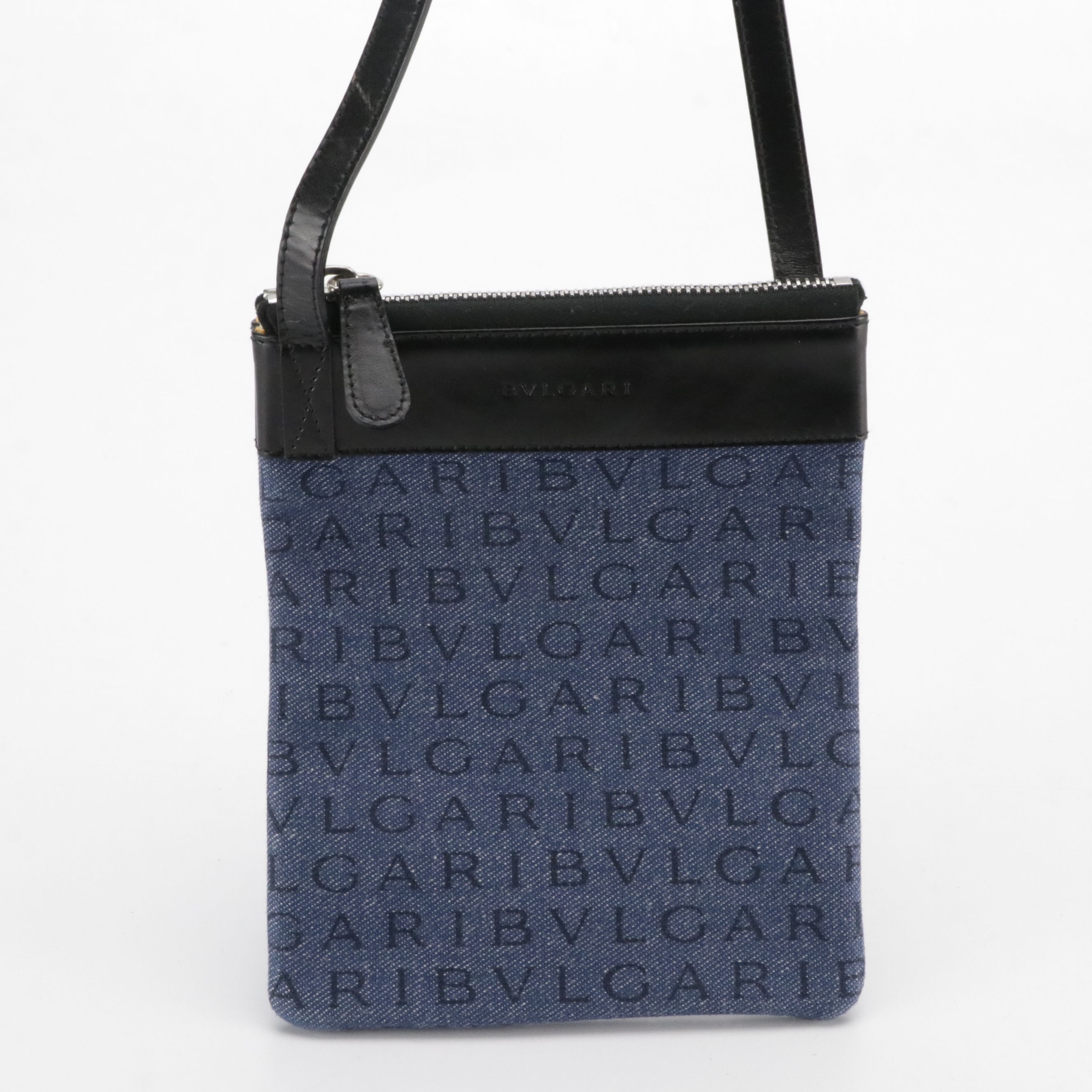 BVLGARI Crossbody Zip Pouch in Logomania Denim and Black Calfskin Leather
