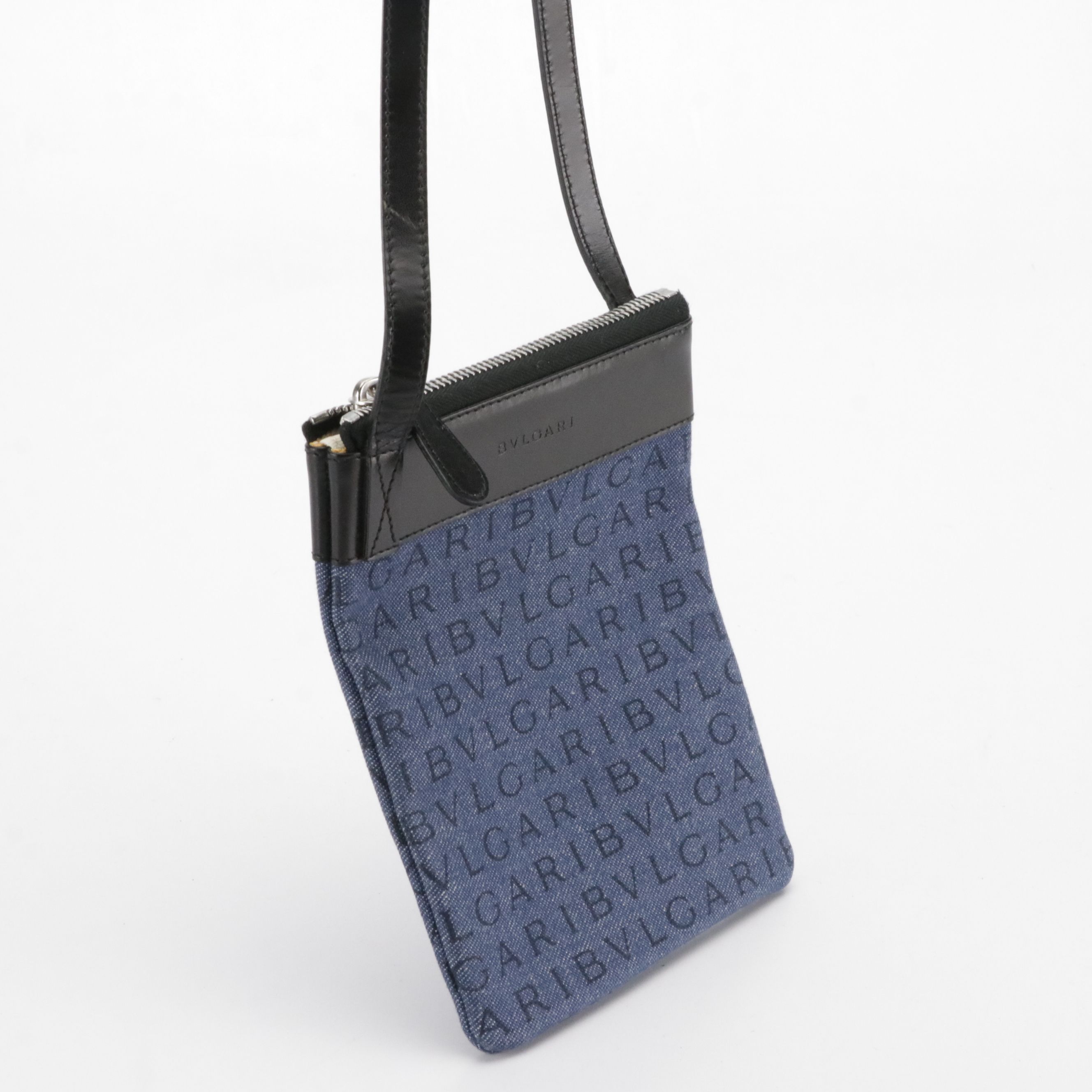 BVLGARI Crossbody Zip Pouch in Logomania Denim and Black Calfskin Leather
